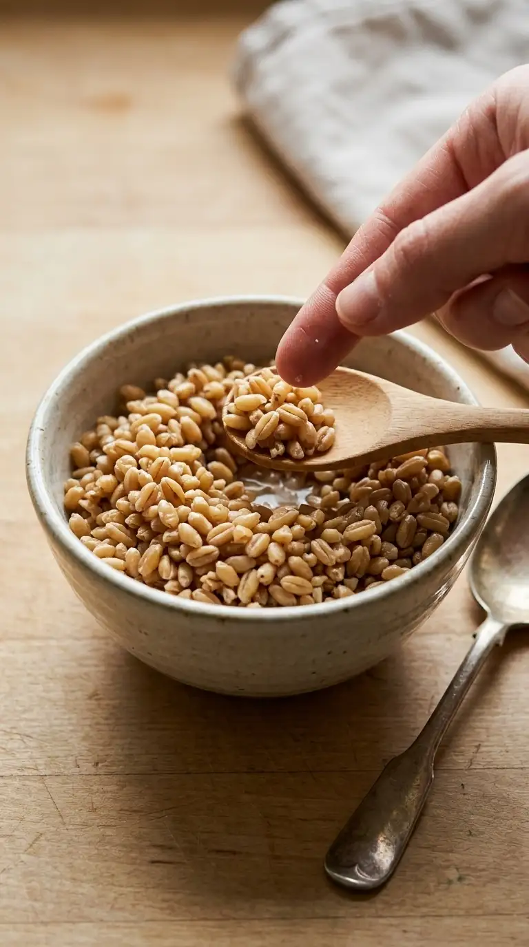 Cooked wheat berries in a bowl showing their tender, chewy texture before making parfaits