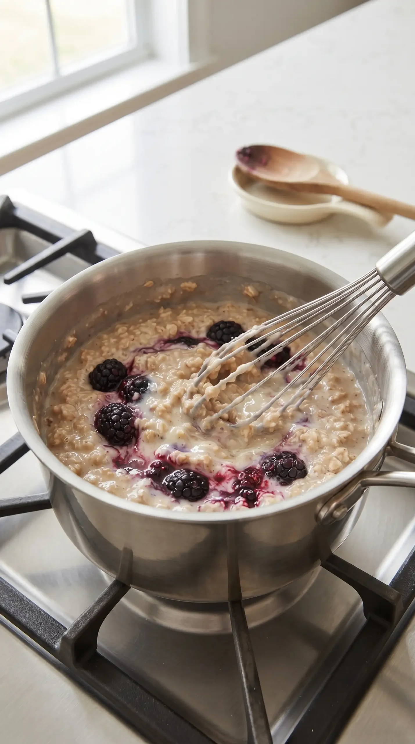 Saucepan of thickening oats and bran cereal being whisked with egg whites