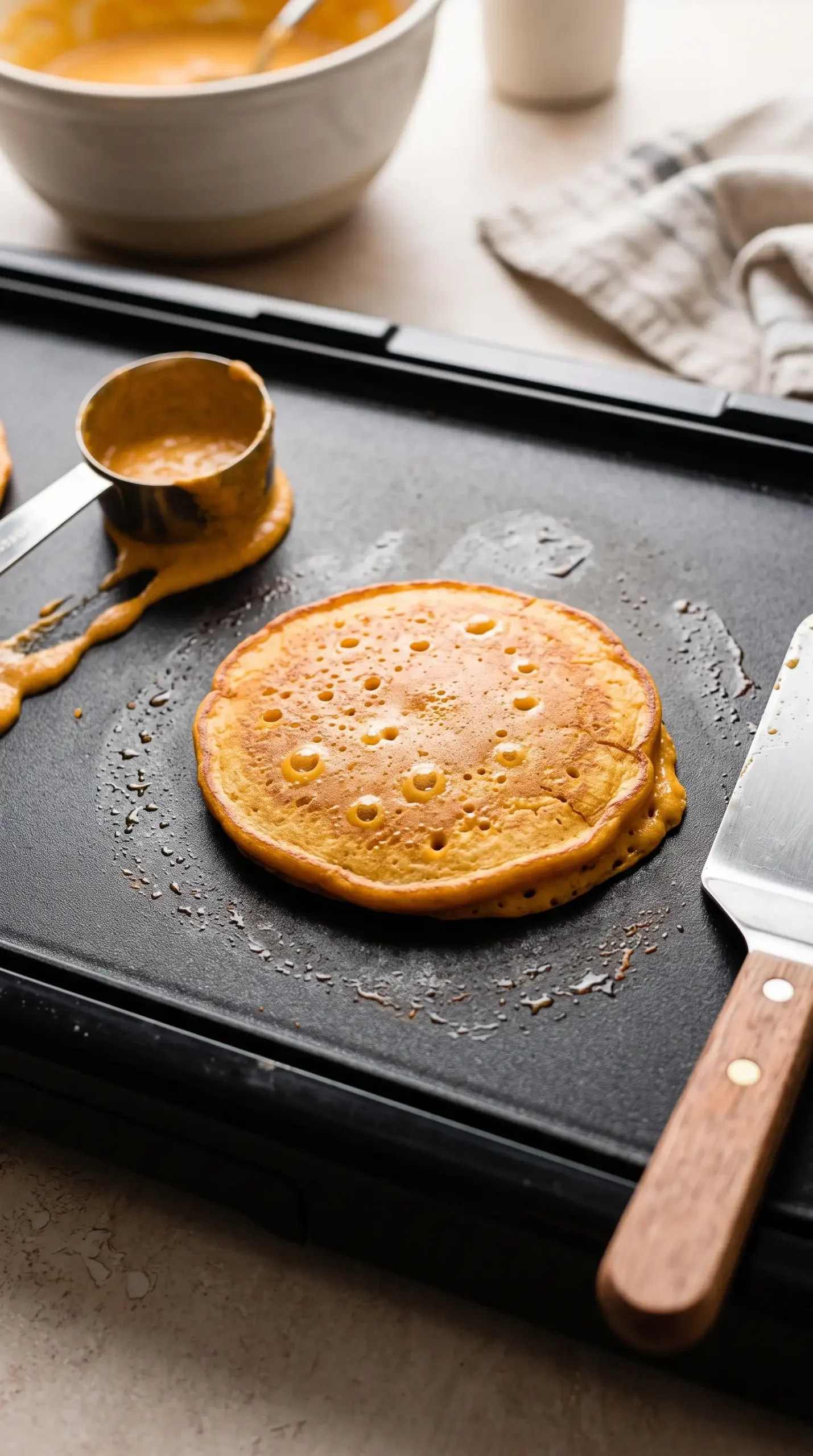 Butternut squash pancake batter cooking on a griddle before flipping