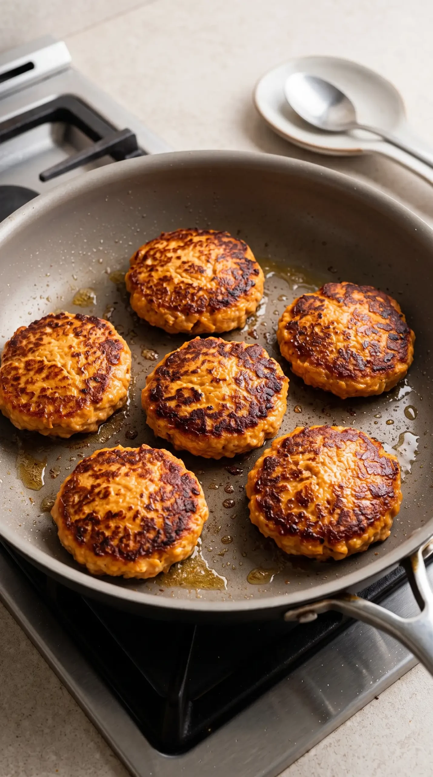 Ground chicken burger patties cooking in a skillet until golden brown