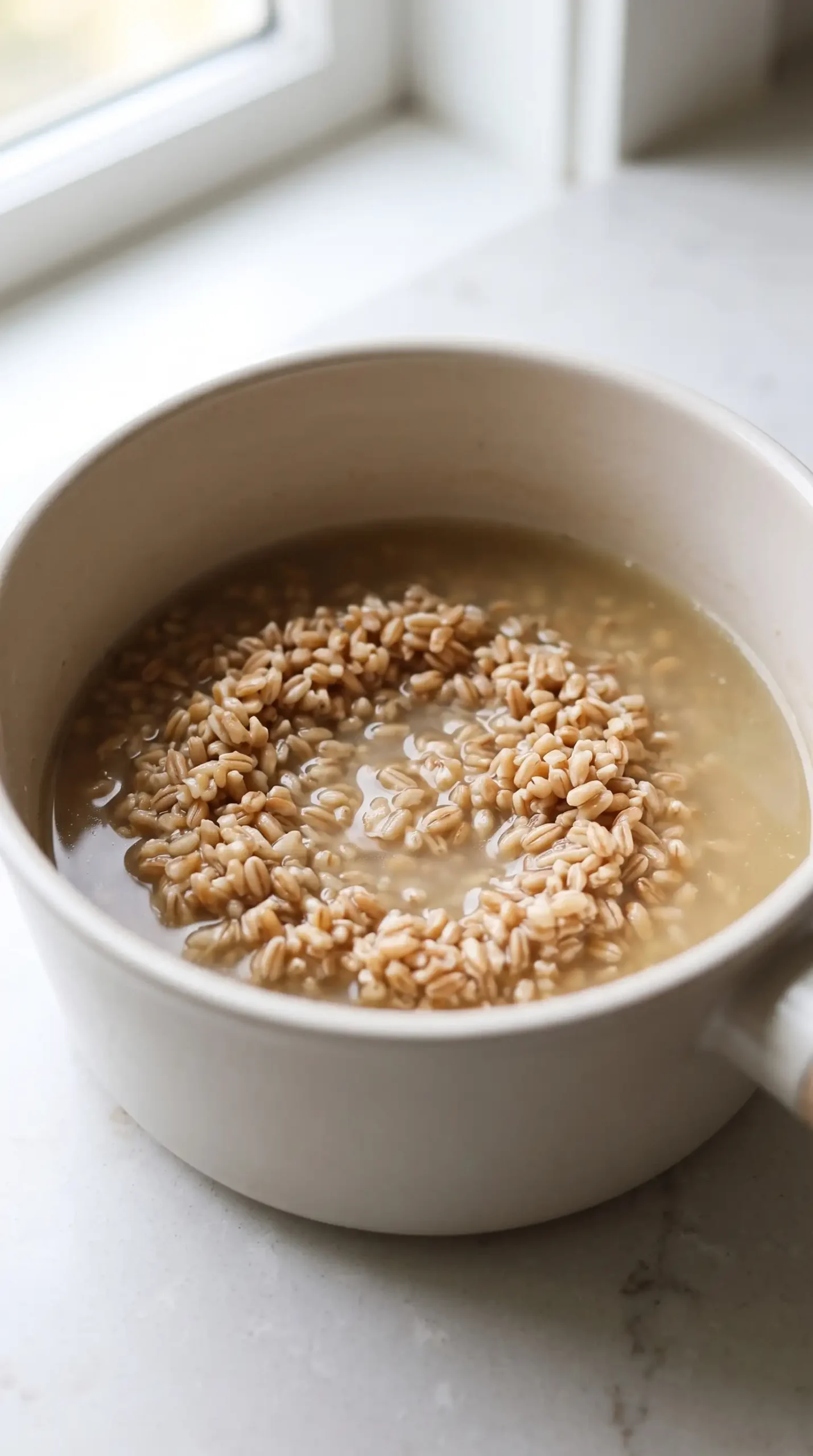 Farro cooking in broth in a saucepan during preparation for a bean and kale meal