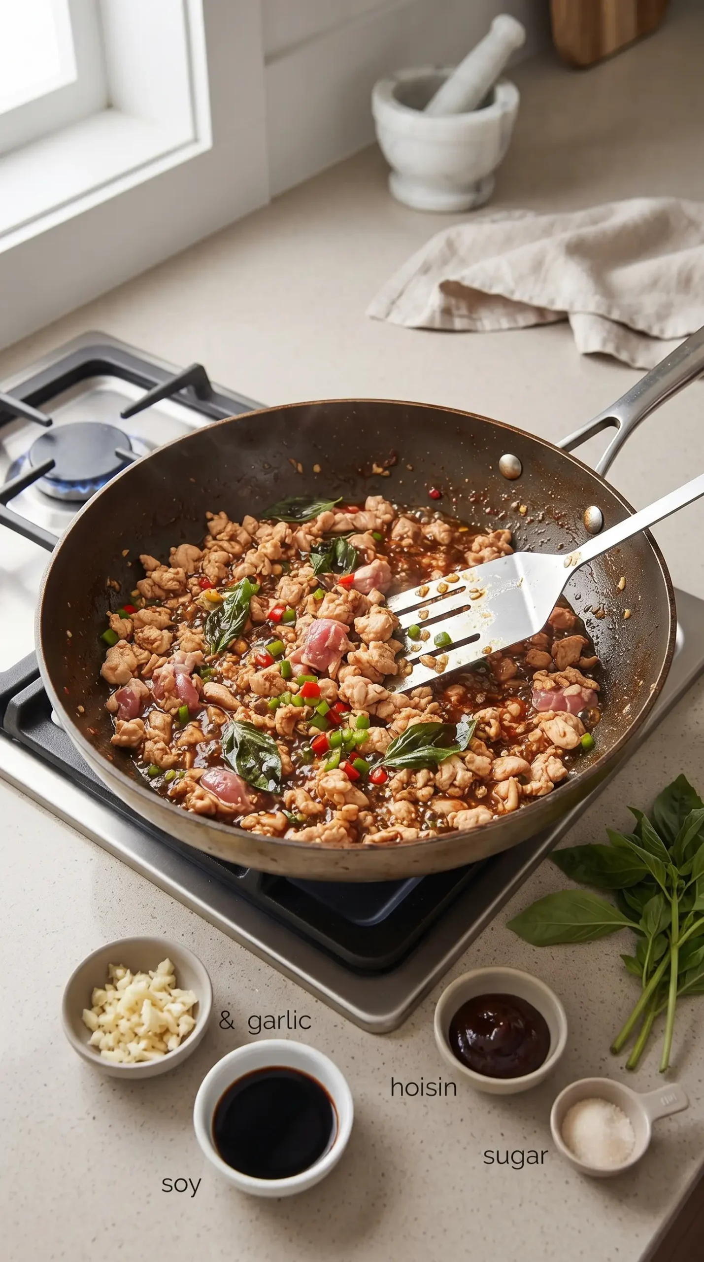 Ground chicken cooking in a skillet with garlic, sauces, and jalapeno for lettuce wraps