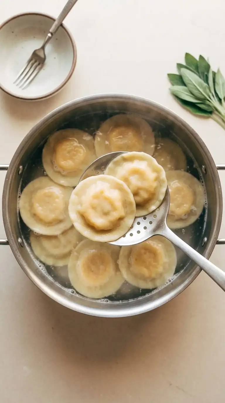 Jumbo ravioli cooking gently in boiling water with a slotted spoon