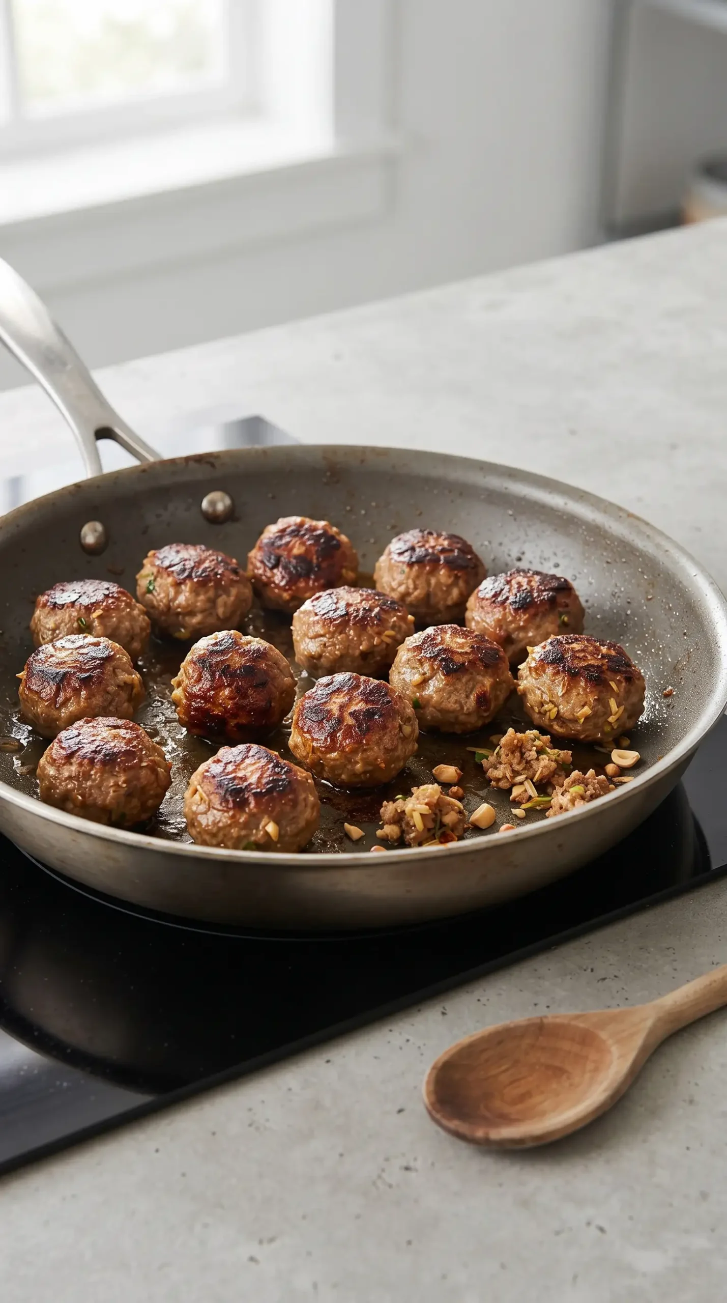 Golden-brown lemongrass pork meatballs cooking in a skillet
