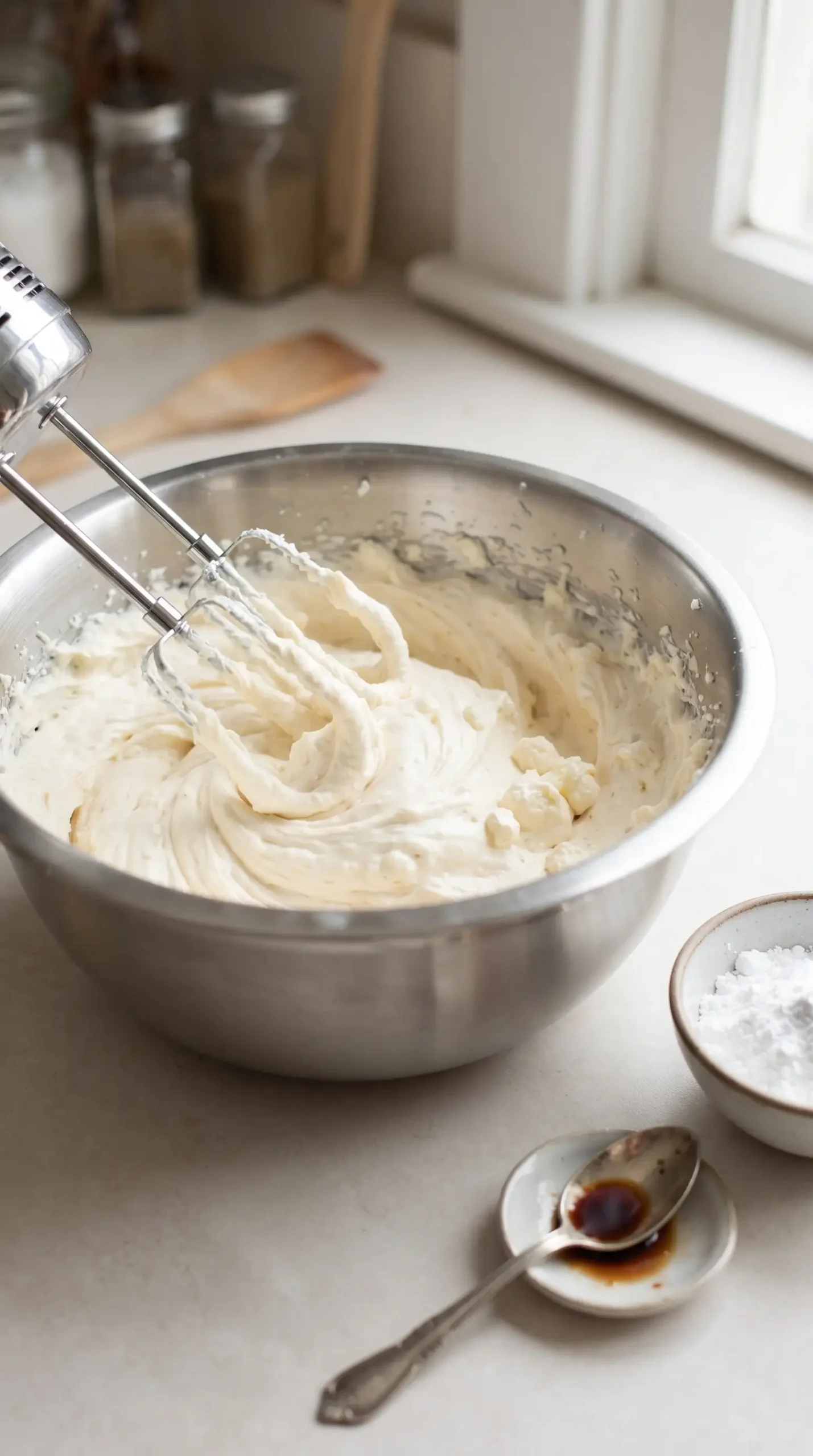 Cream cheese frosting being mixed for carrot cake cupcakes