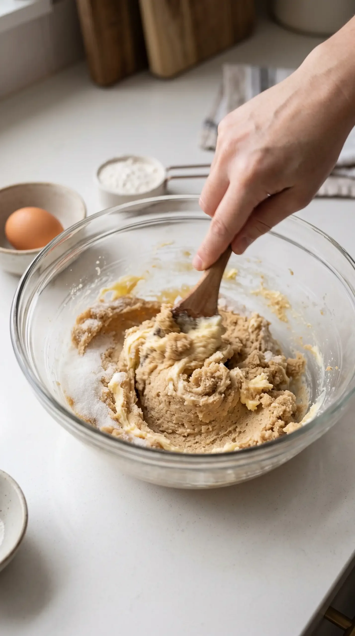 Brown sugar cookie dough with butter and sugars being creamed in a mixing bowl