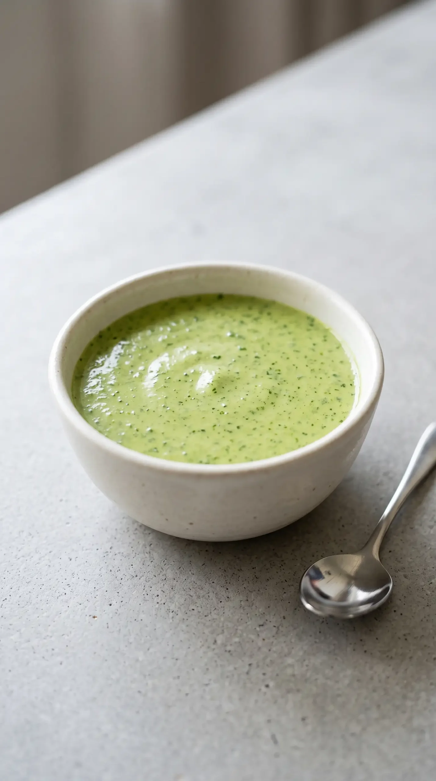 Creamy green aji verde sauce served in a bowl with a spoon