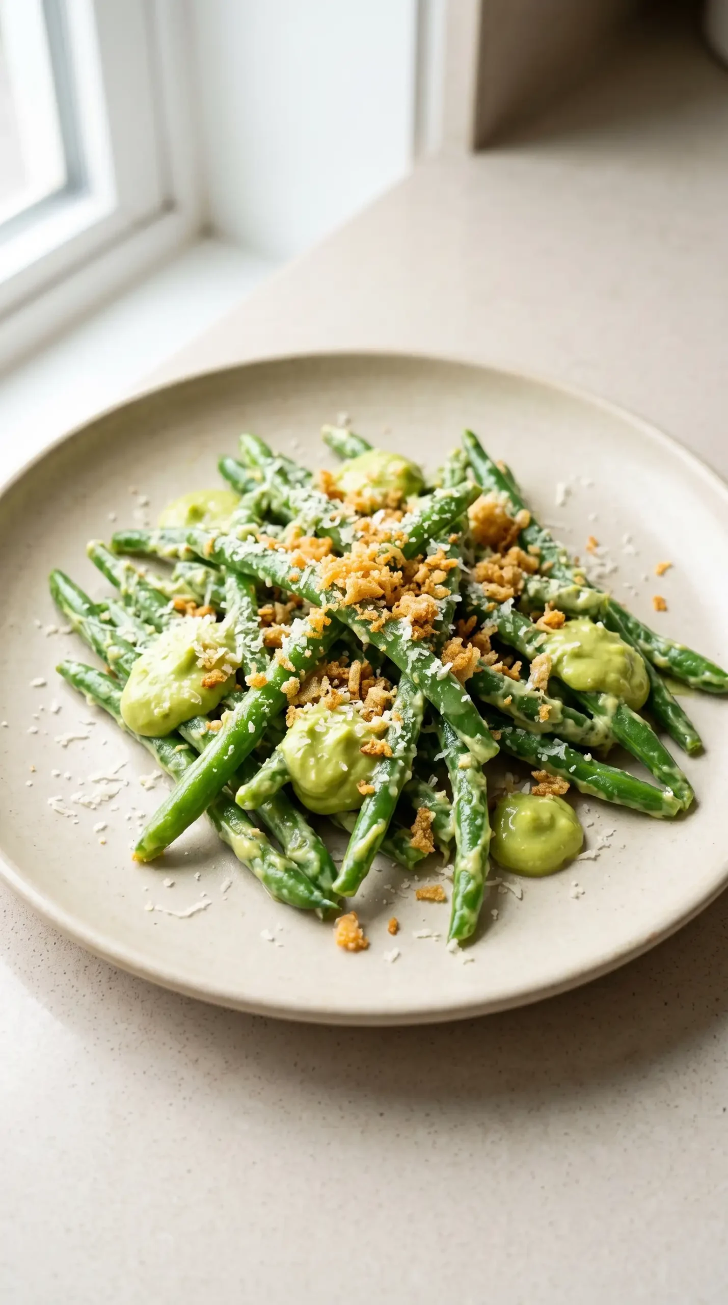 Close-up of avocado Caesar green beans with creamy dressing, panko, and Parmesan