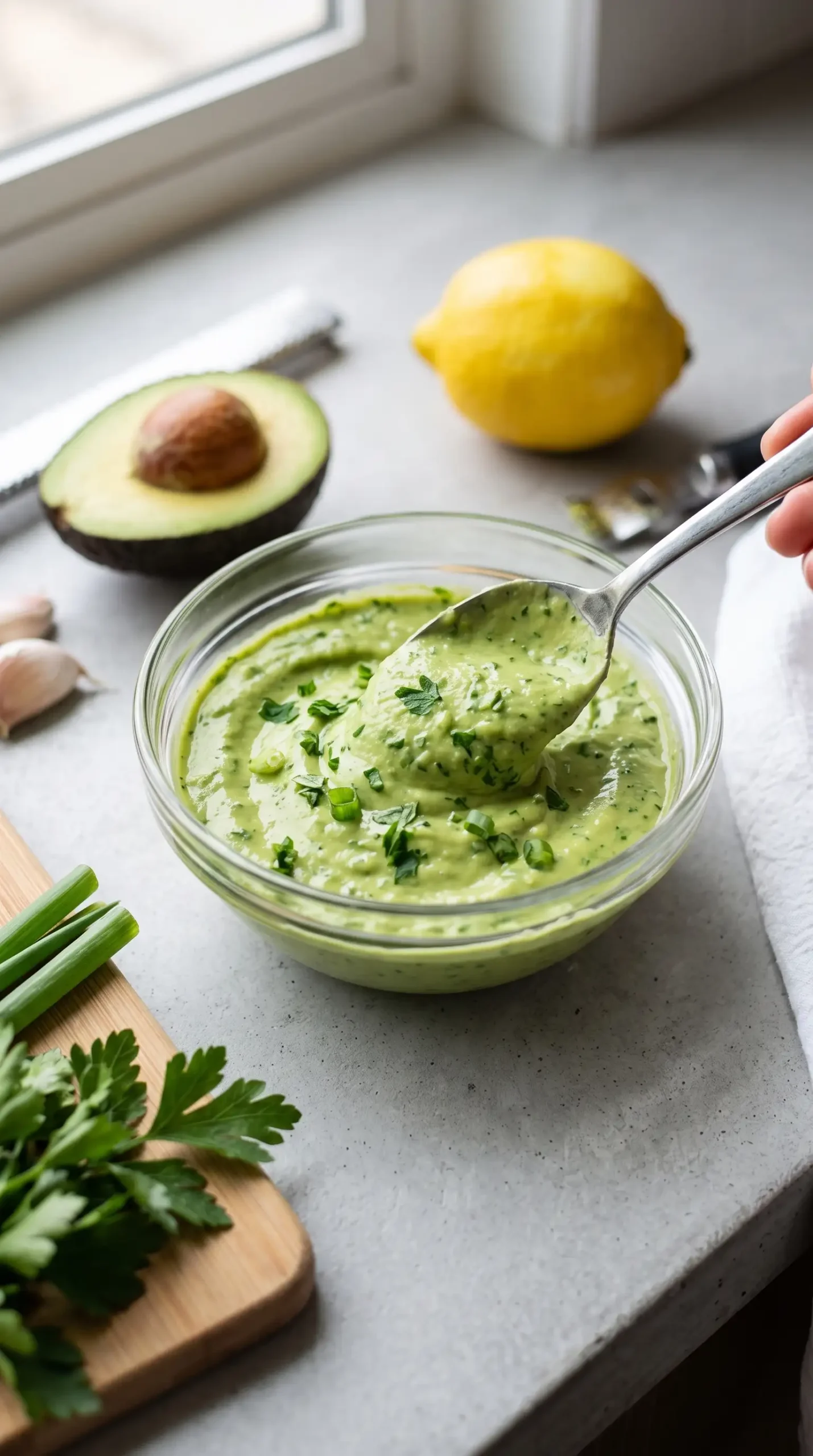 Creamy avocado herb sauce with parsley, garlic, lemon, and green onions being prepared