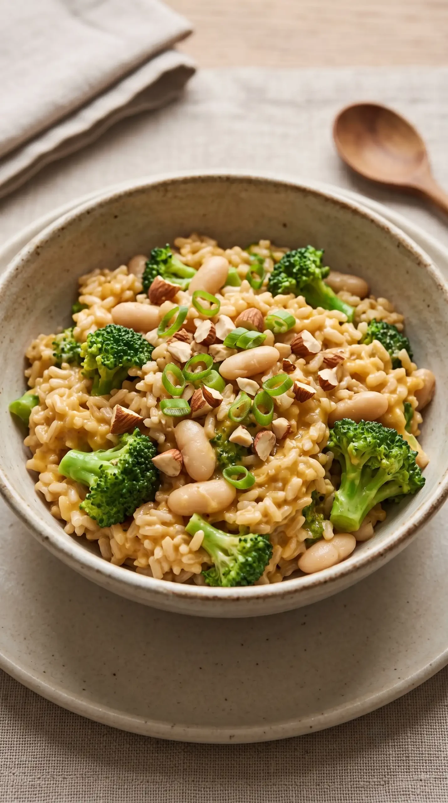 Bowl of broccoli cheese rice with brown rice, broccoli, white beans, and creamy cheddar sauce