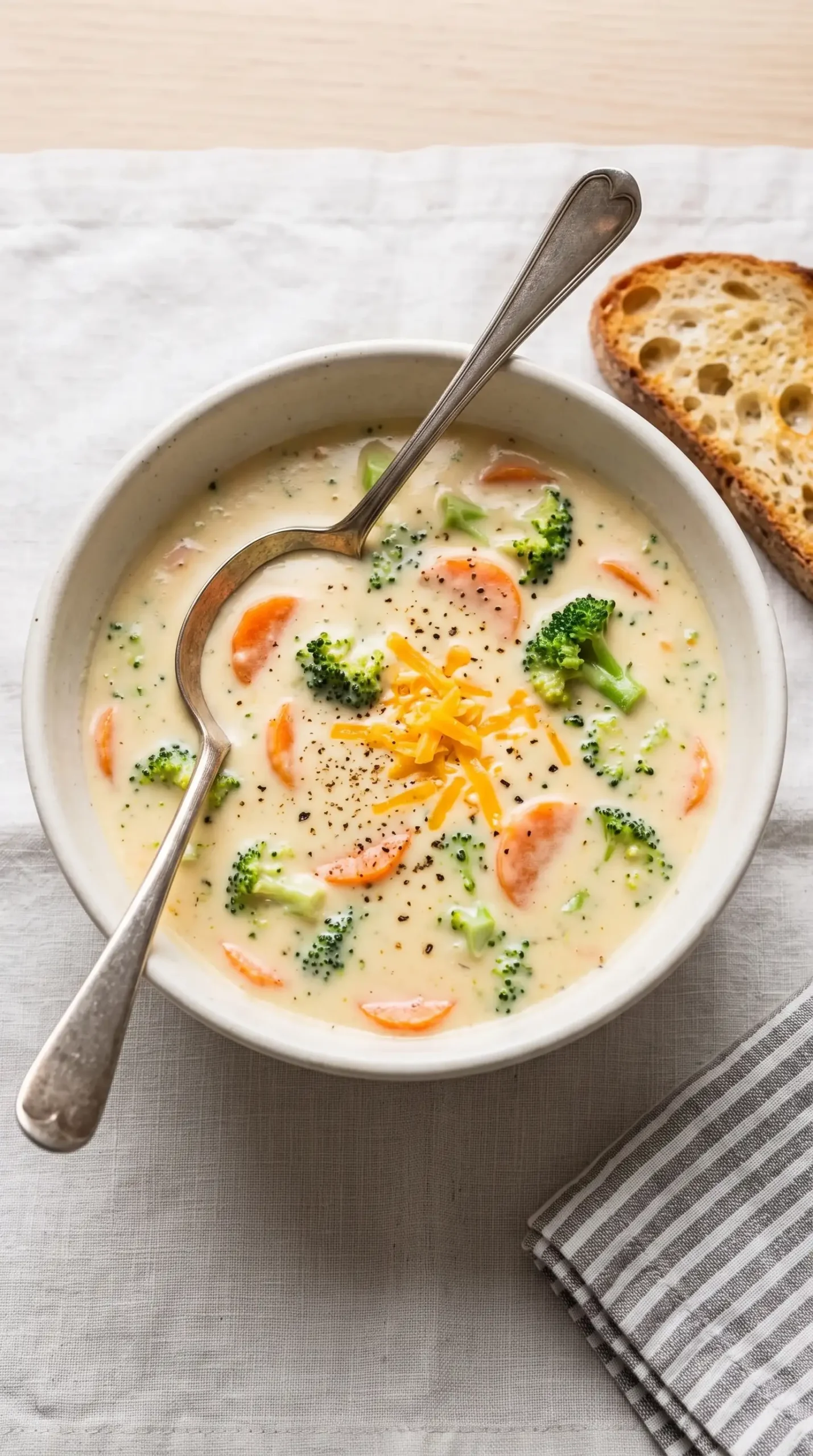 Bowl of broccoli cheese soup with creamy cheddar base, broccoli pieces, and carrot slices