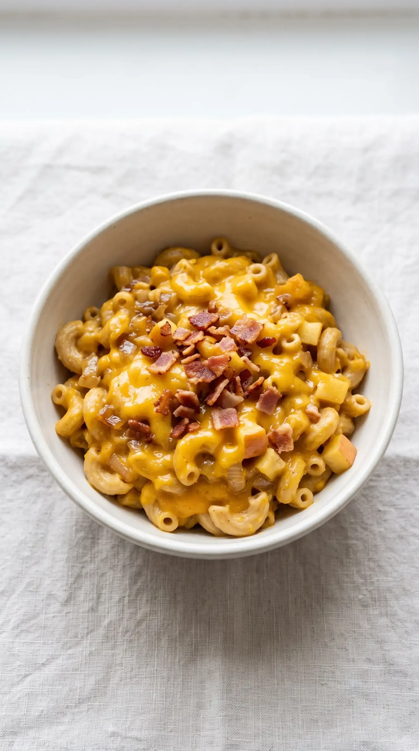 Creamy butternut squash mac and cheese with cheddar, bacon, onions, and apple pieces