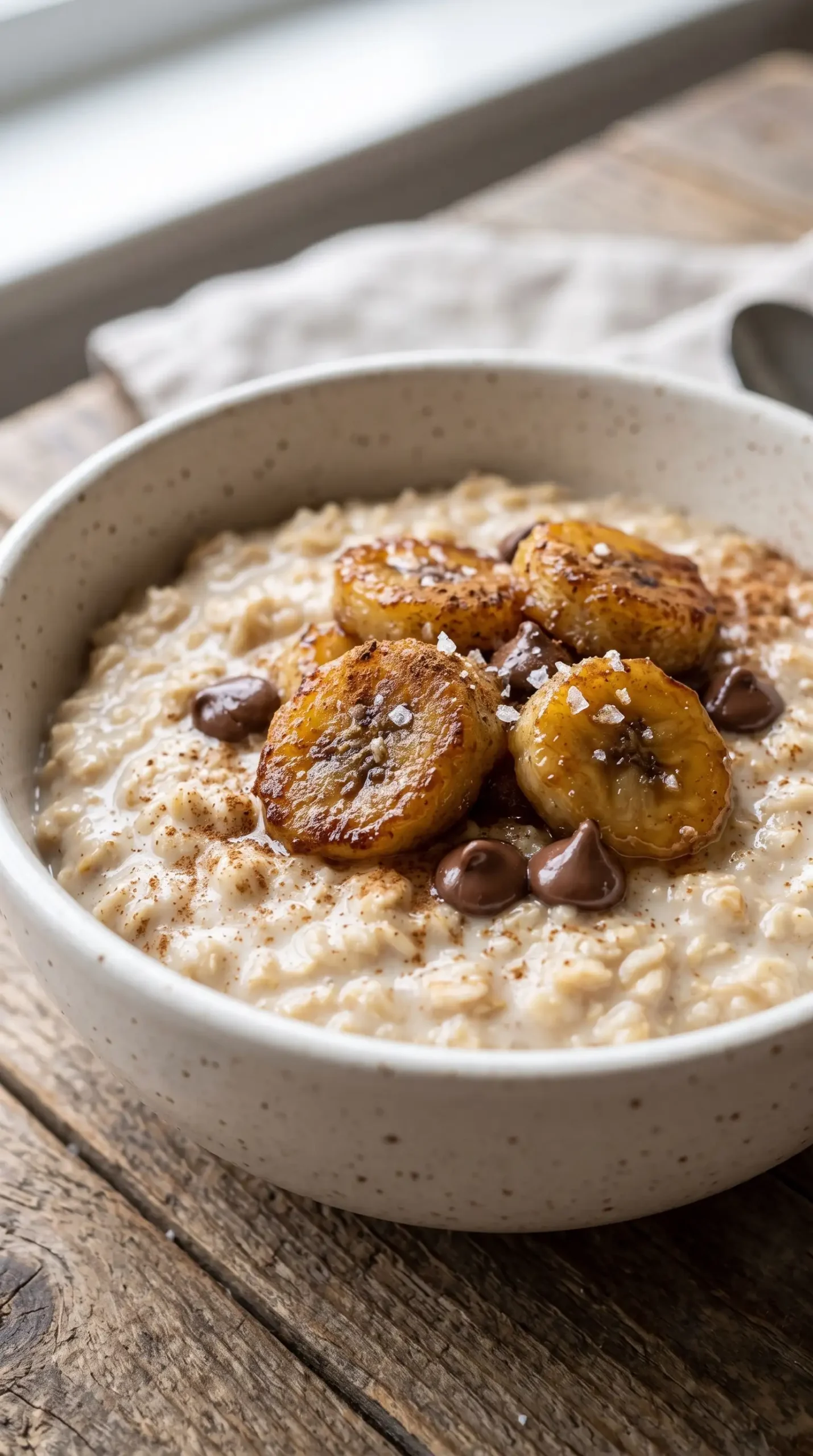 Creamy caramelized banana oatmeal topped with maple banana slices and cinnamon