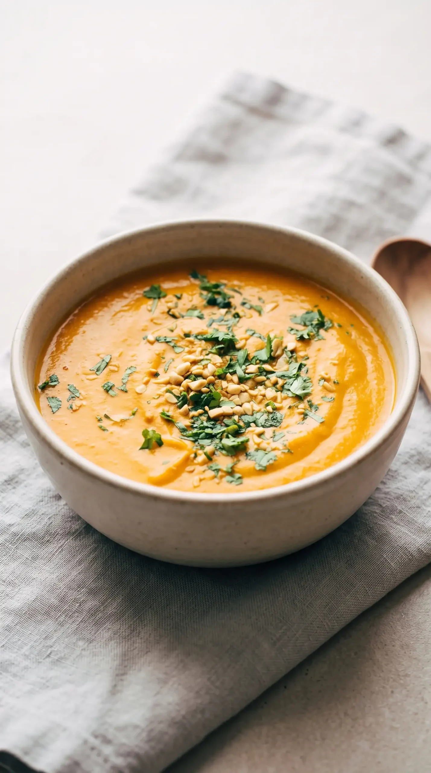 Creamy carrot soup with coconut curry flavor topped with cilantro and crushed peanuts