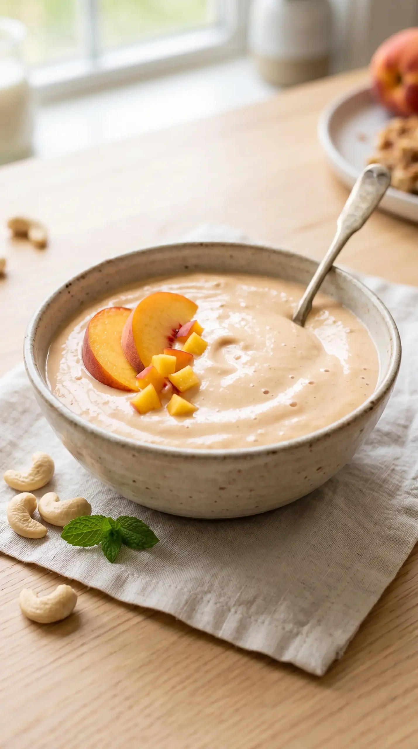 Creamy peach vegan yogurt with tofu and cashews in a bowl