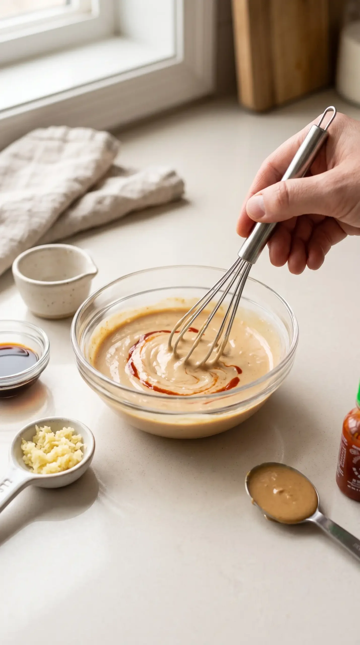 Creamy sesame sauce being whisked with tahini, soy sauce, sesame oil, and garlic