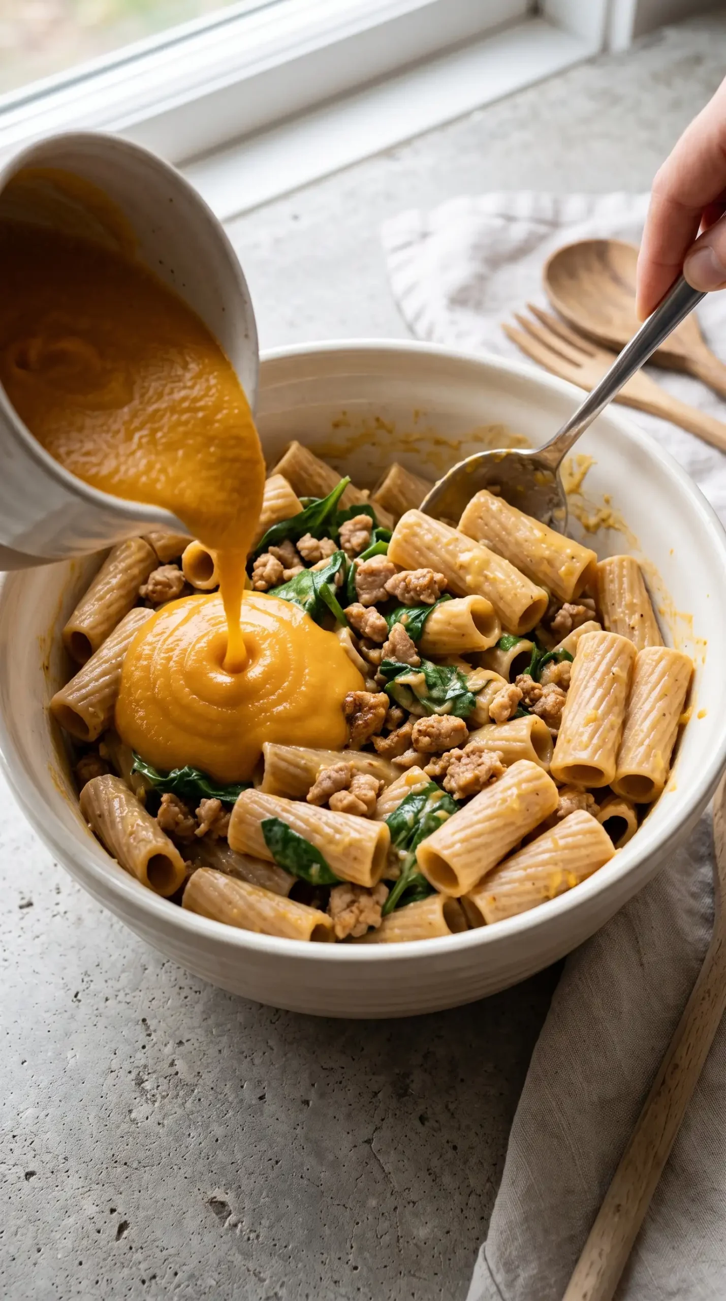 Creamy squash sauce coating rigatoni with turkey and spinach in a mixing bowl