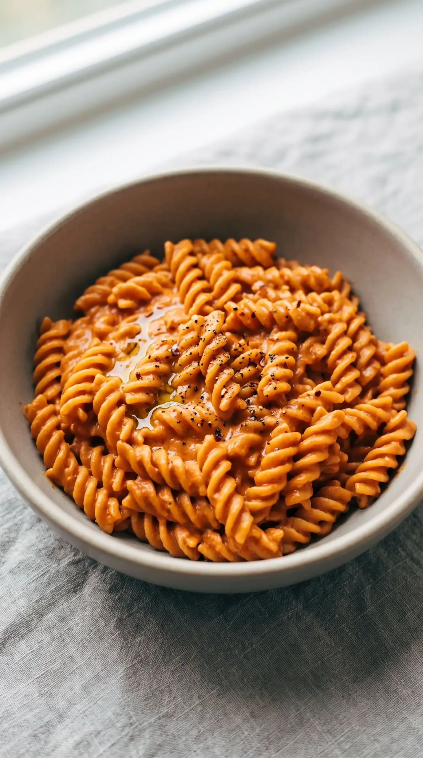 Bowl of rotini vegan vodka pasta with creamy tomato coconut sauce