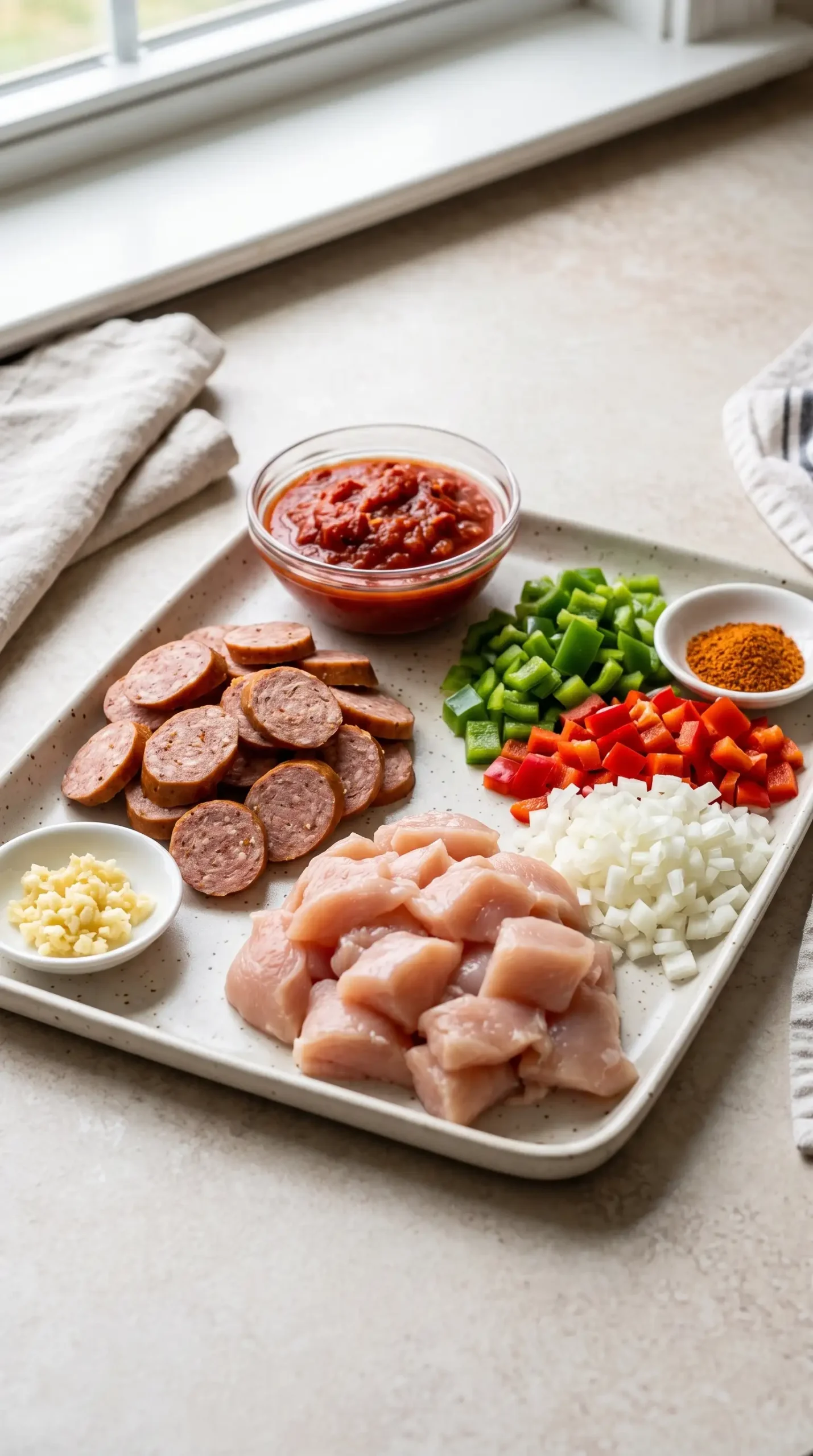 Ingredients for Creole chicken and sausage with chicken, Andouille sausage, tomatoes, peppers, onions, and seasoning