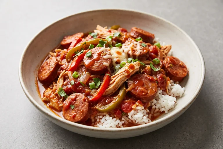 Creole chicken and sausage with shredded chicken, Andouille sausage, tomato sauce, peppers, and rice