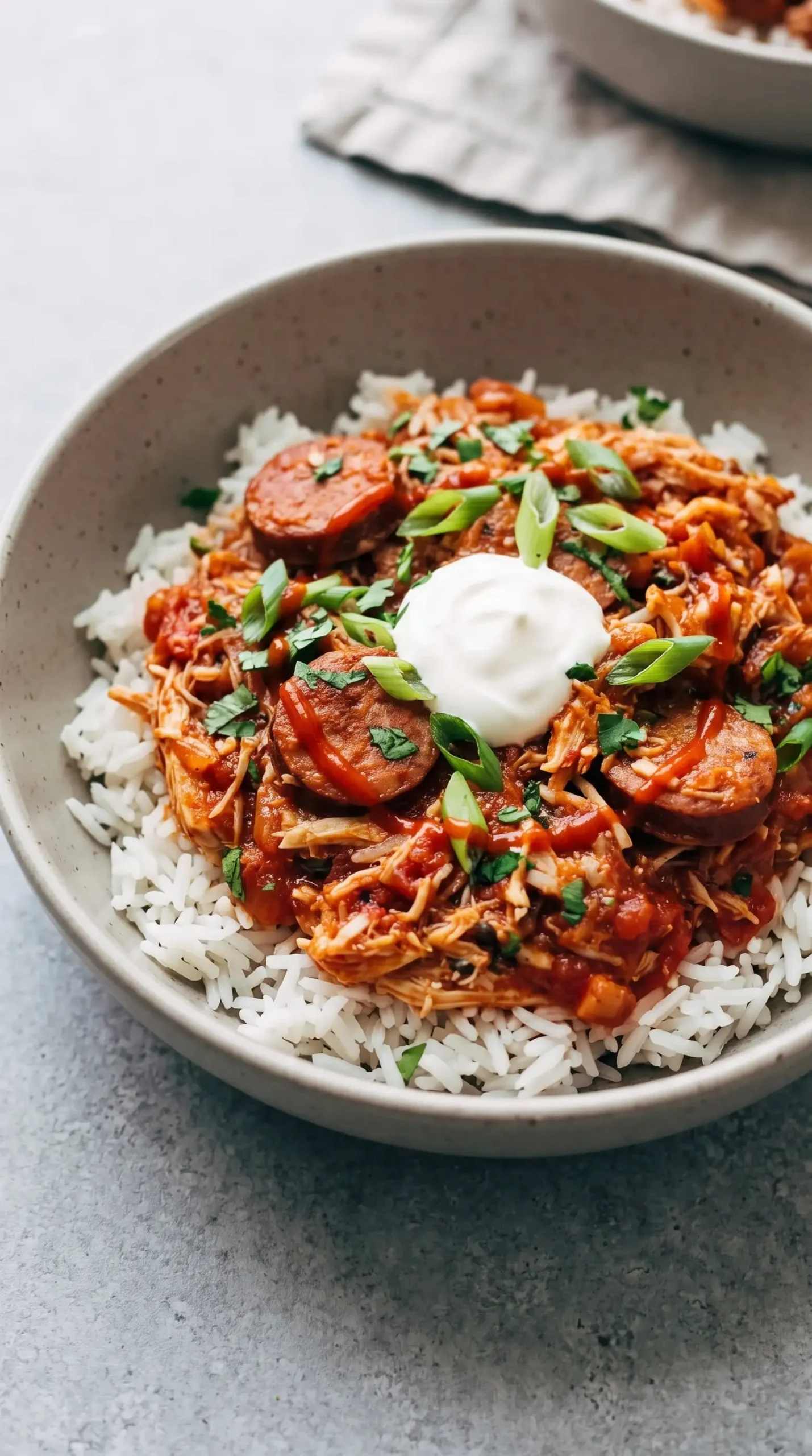 Bowl of Creole chicken and sausage over rice with green onions and cilantro