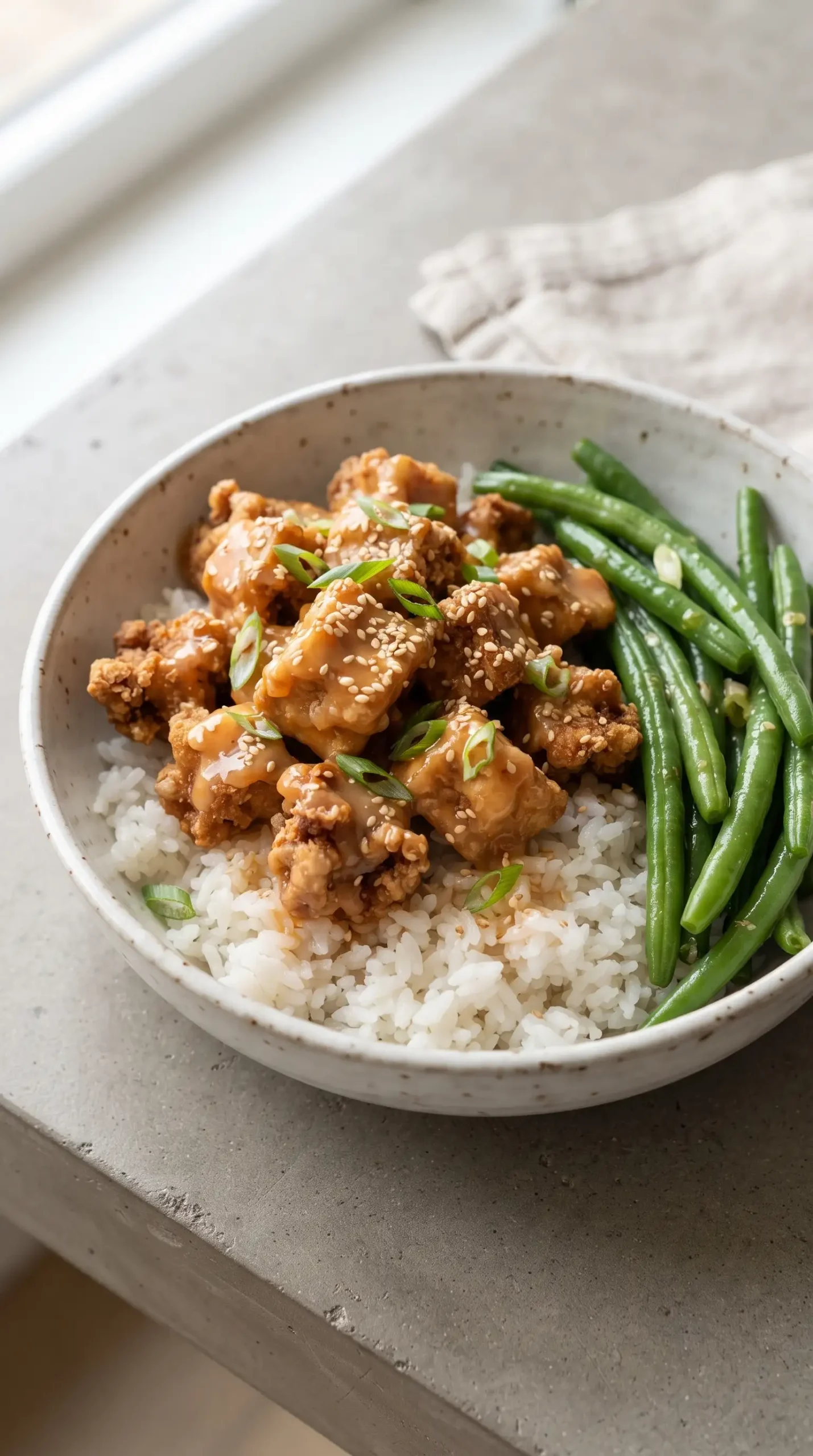 Crispy bang bang tofu chunks with sweet chili glaze over rice and green beans