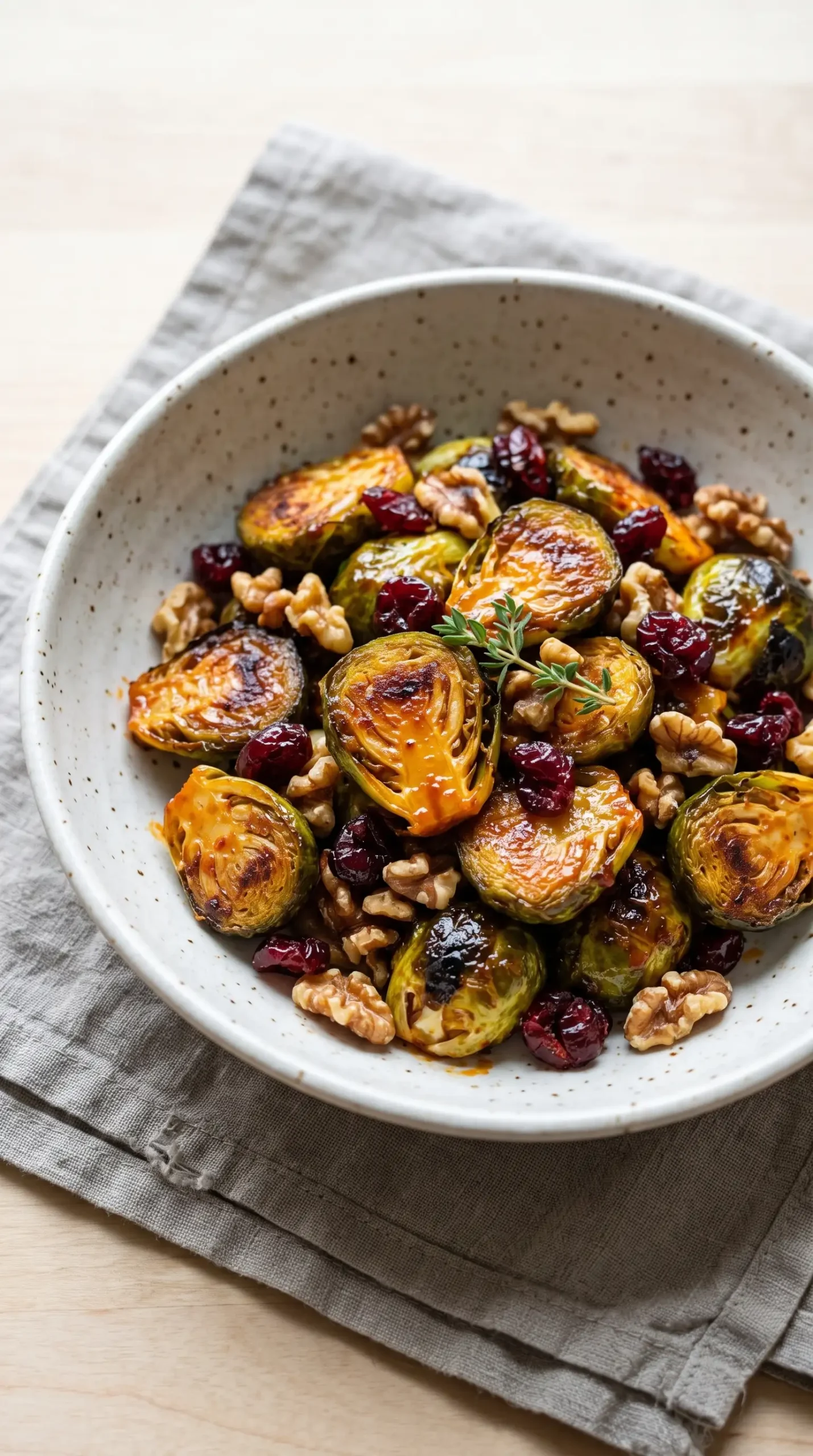 Roasted Brussels sprouts with gochujang butter, walnuts, and dried cranberries in a bowl