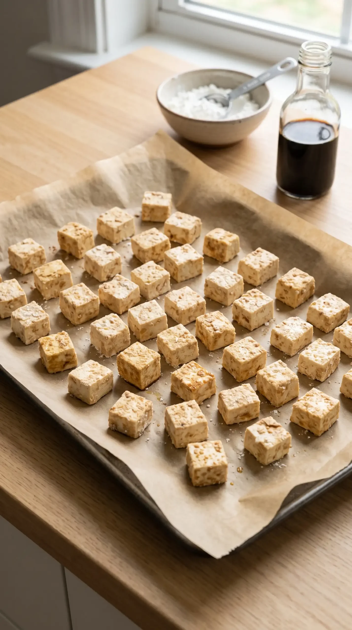 Crispy tofu cubes coated with cornstarch and soy sauce on a baking sheet