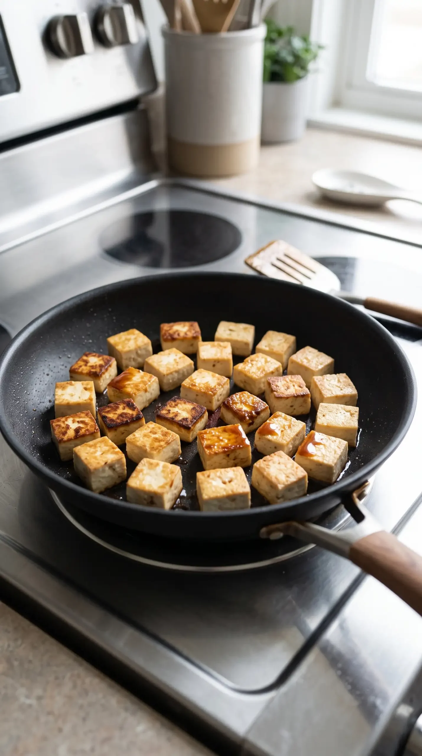 Tofu cubes browning in a skillet during noodle stir fry preparation