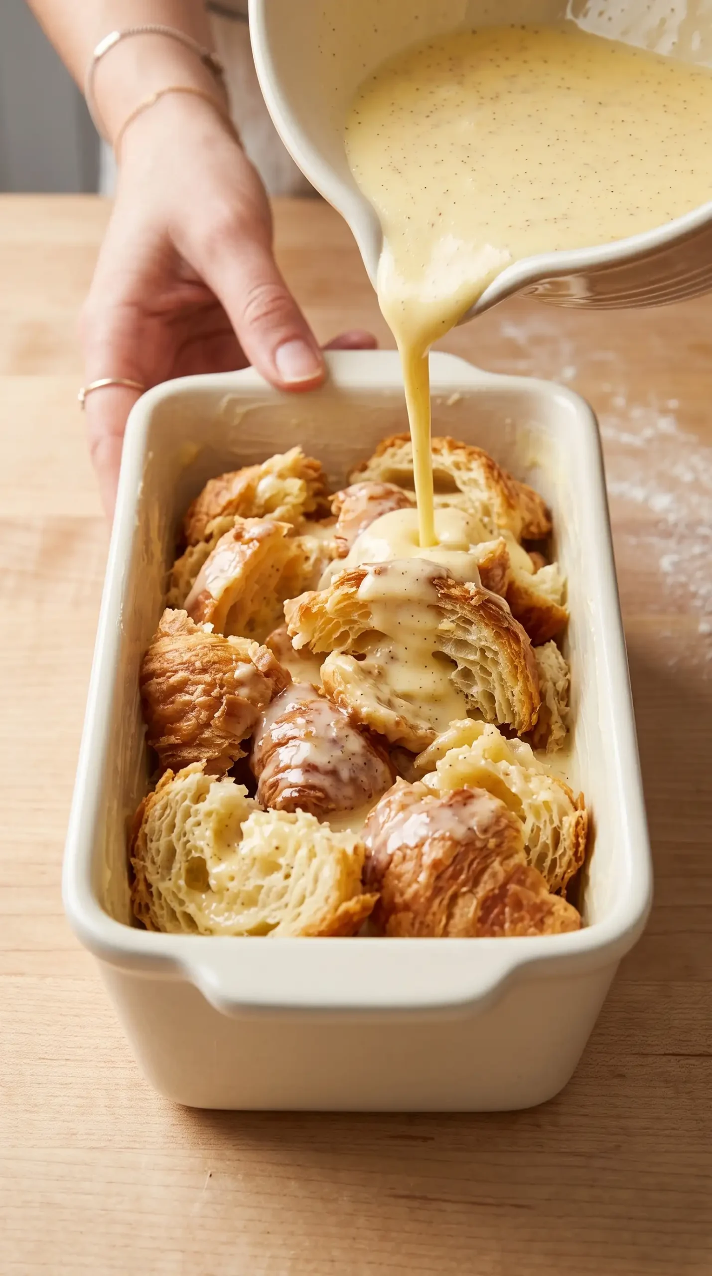 Torn croissants soaking in egg custard mixture in a baking pan