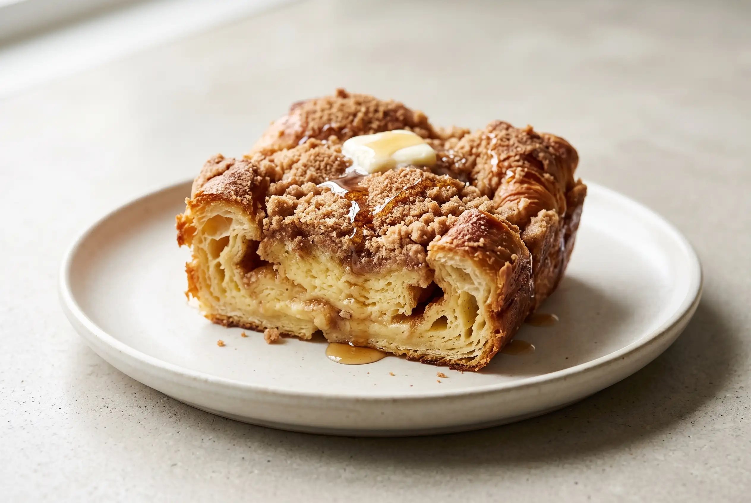 Croissant French toast with cinnamon crumb topping on a plate with maple syrup and butter