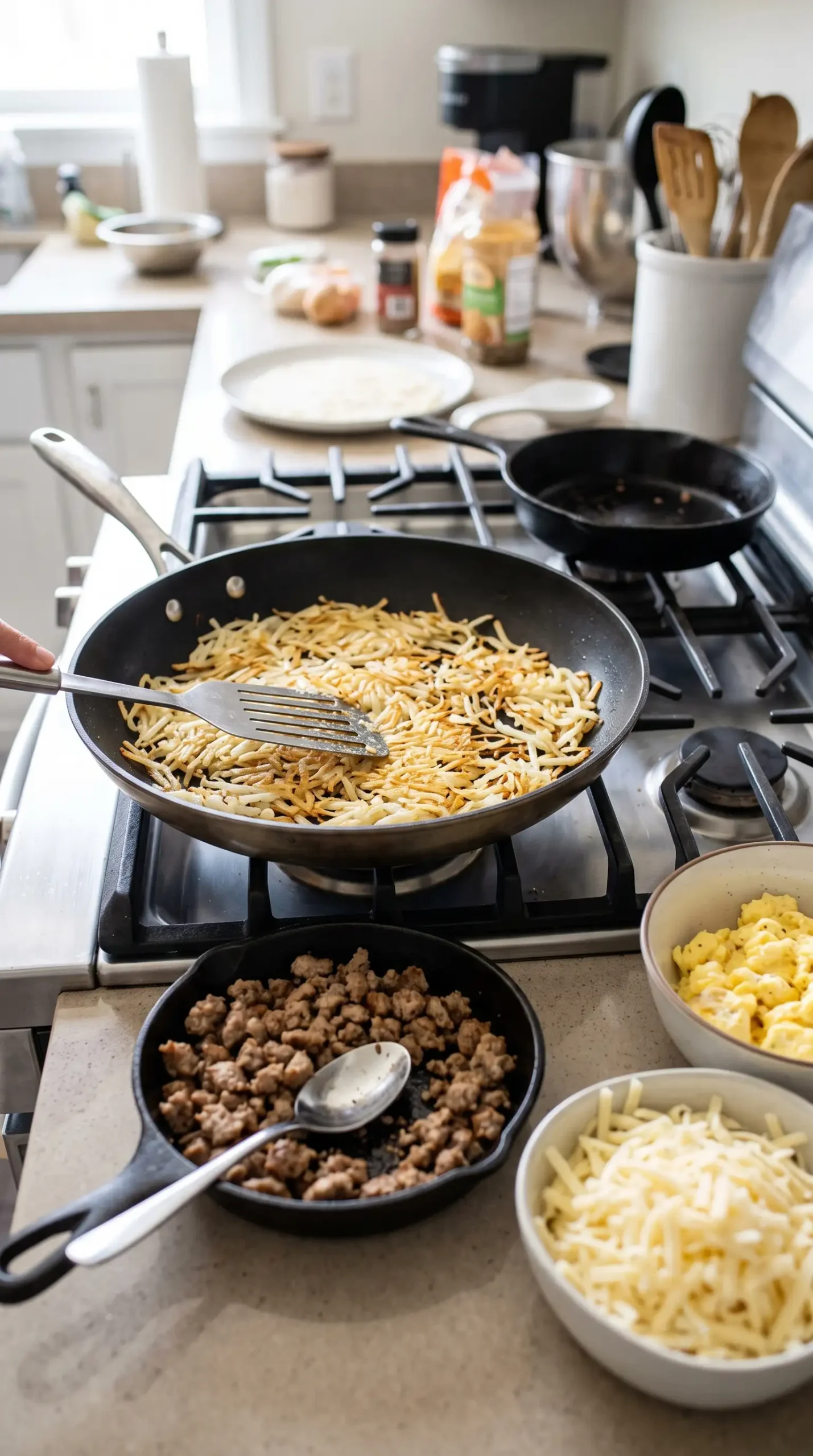Hashbrown potatoes cooking with sausage, eggs, and shredded cheese for a crunchwrap filling