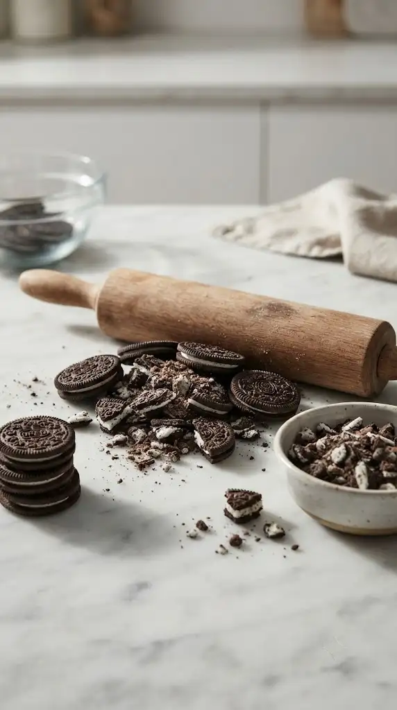 Crushed Oreo cookies with larger pieces and crumbs prepared for brownie batter