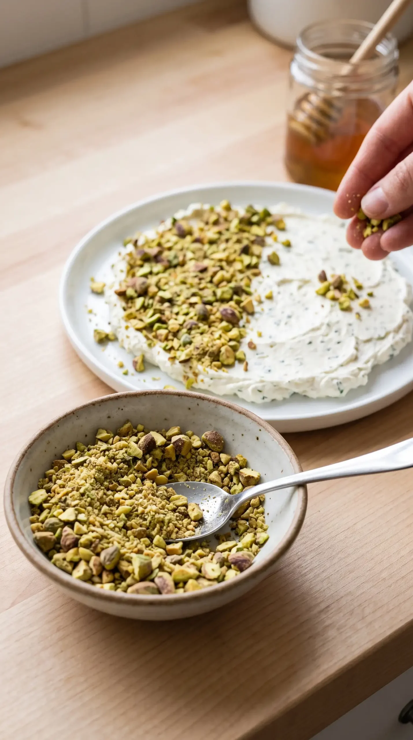 Crushed roasted pistachios beside softened Boursin cheese during appetizer preparation