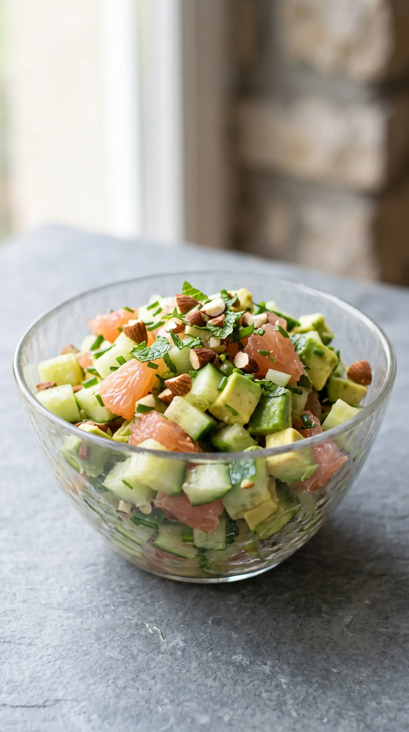 Chilled cucumber avocado salad with grapefruit, herbs, and almonds in a bowl