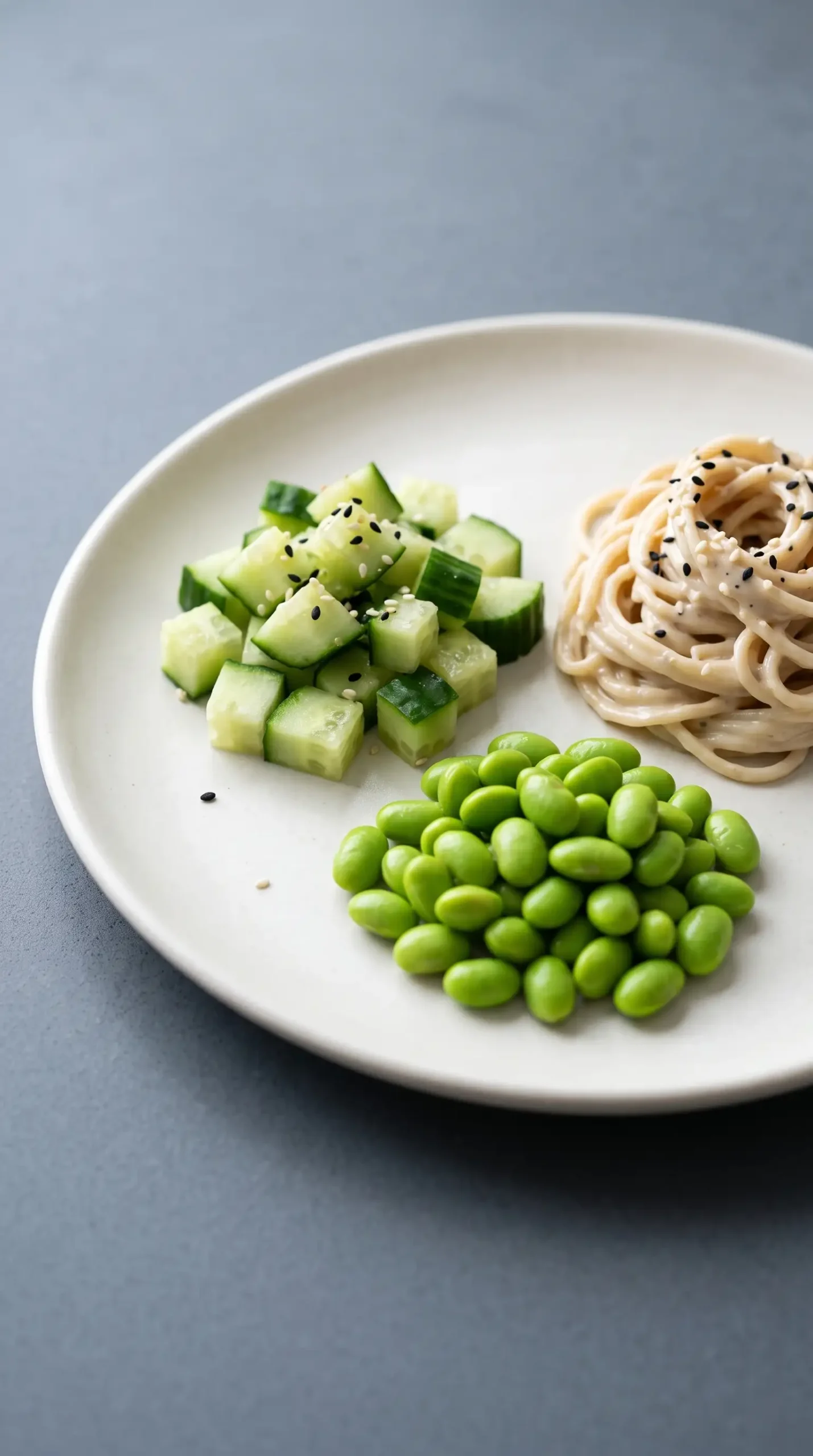 Cucumber and edamame prepared for sesame noodle bowls with sesame-coated noodles