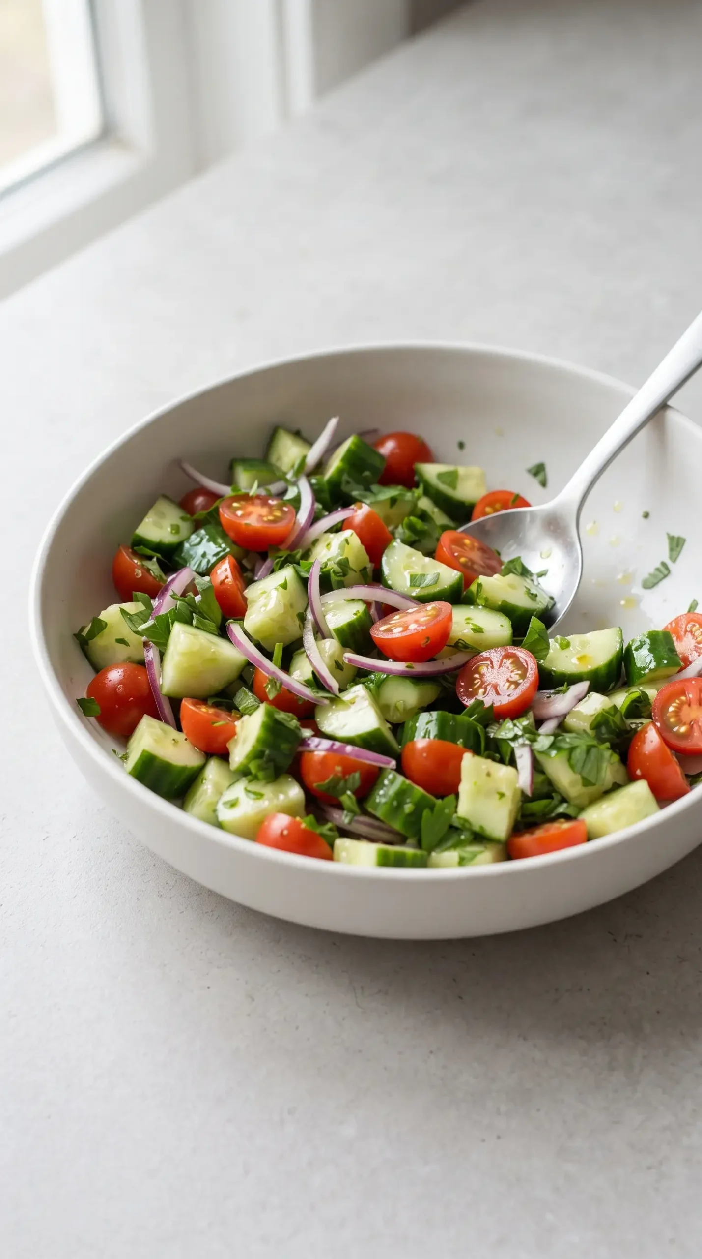 Cucumber tomato salad with red onion and parsley for banza chicken bowls