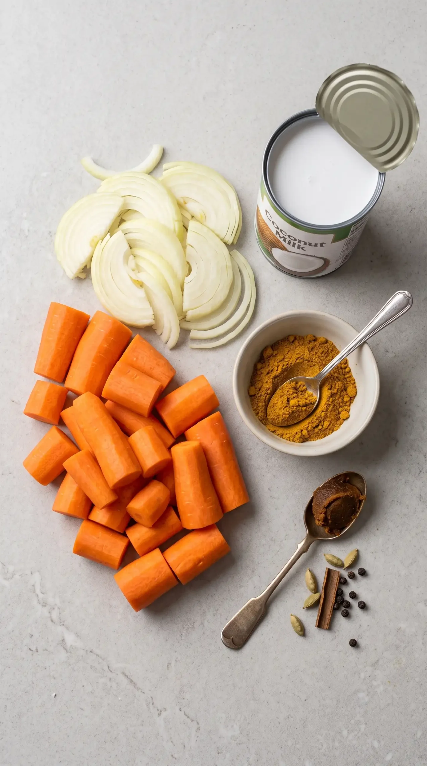 Ingredients for curry coconut carrot soup with carrots, onion, coconut milk, and curry powder