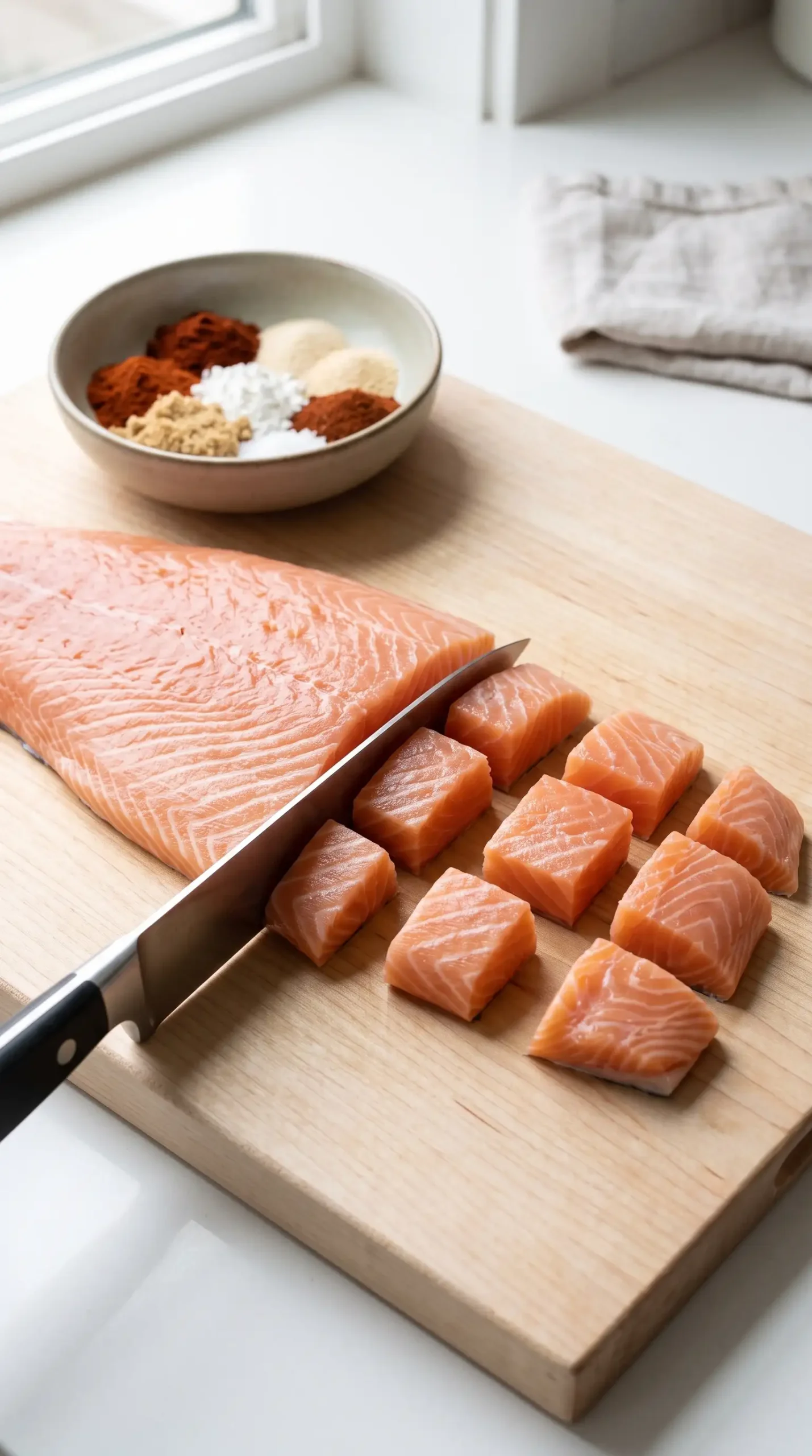 Professional food photography close-up of the preparation stage for air fryer salmon bites: a thick boneless skinless salmon fillet cut into evenly sized 1 to 2 inch cubes on a clean light-colored kitchen surface, with a chef's knife and a few neatly placed salmon cubes showing the consistent shape. Include only minimal supporting elements such as a small bowl of the smoky spice blend ingredients nearby (paprika, smoked paprika, garlic powder, onion powder, chili powder, brown sugar, cornstarch, salt) without turning it into a finished dish. Natural soft daylight, realistic home cooking environment, focused composition showing the precision of cutting salmon cubes before seasoning.