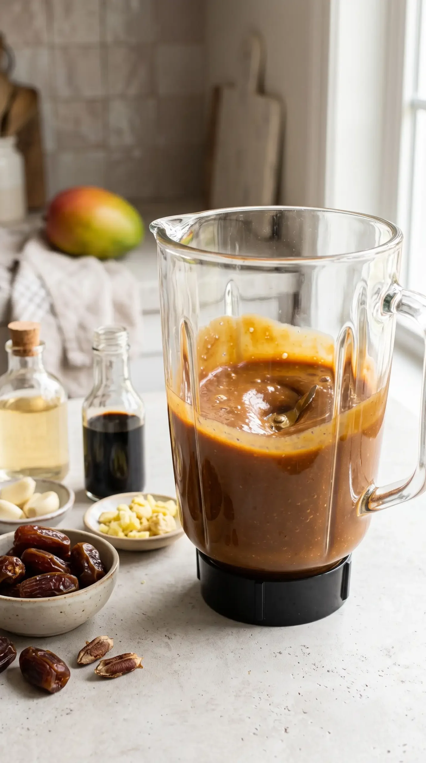 Blended date teriyaki sauce with soy sauce, garlic, and ginger in a glass blender jar