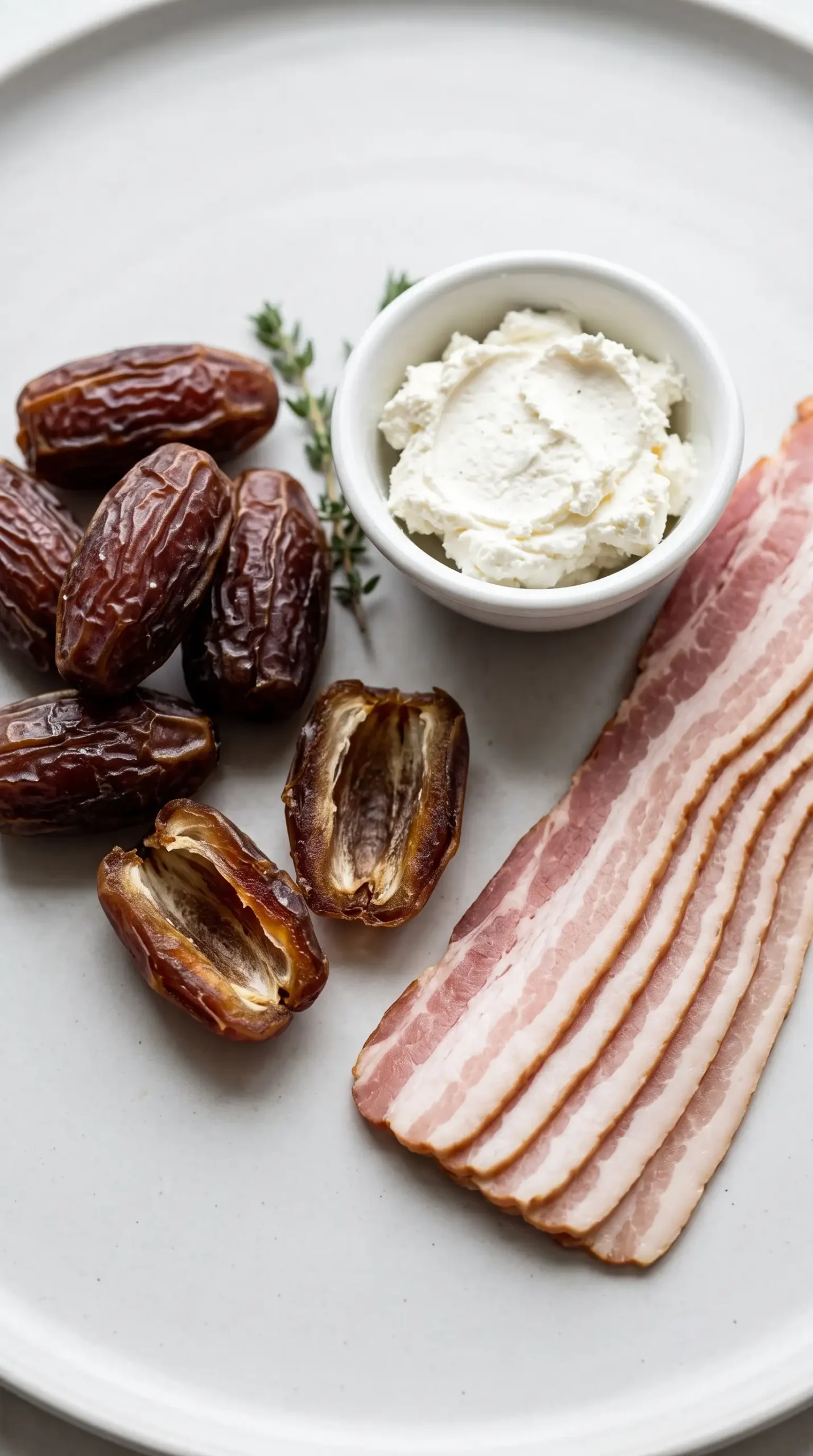 Medjool dates, goat cheese, and bacon arranged as ingredients for stuffed dates