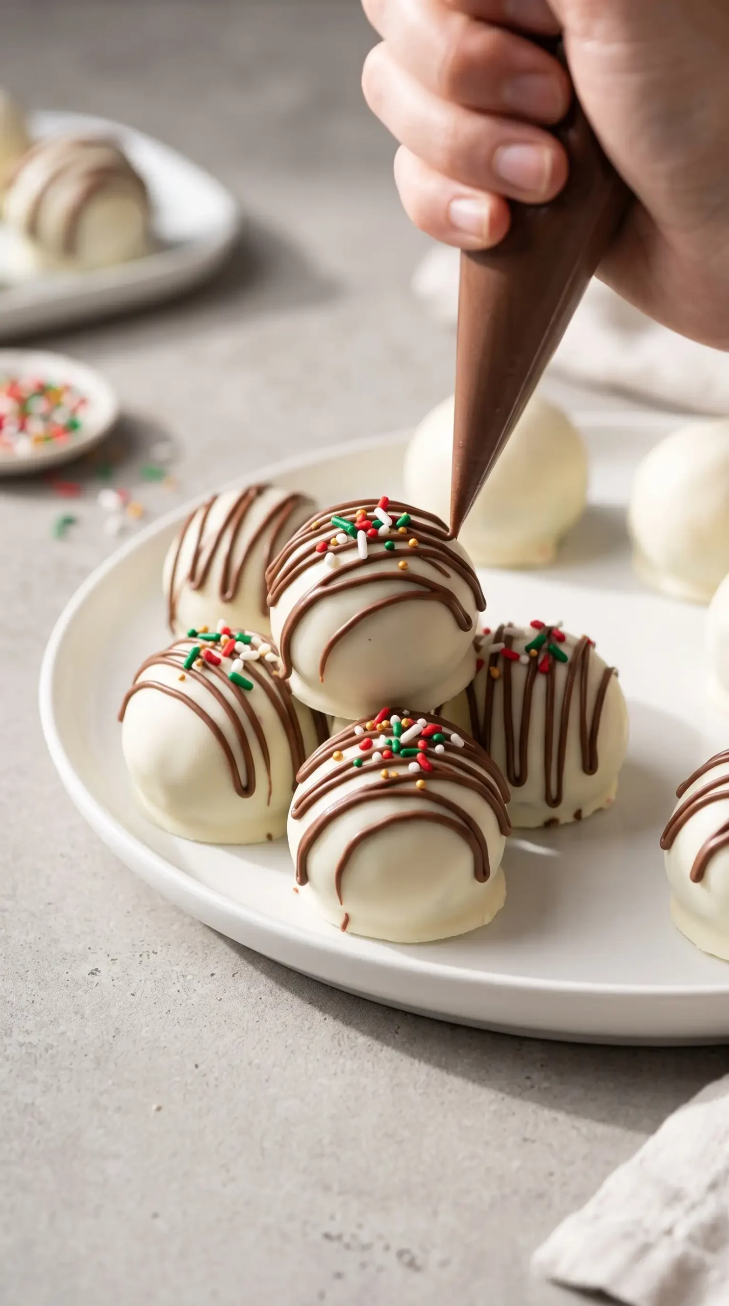 Peppermint chocolate cake bites with white coating, drizzle, and holiday sprinkles