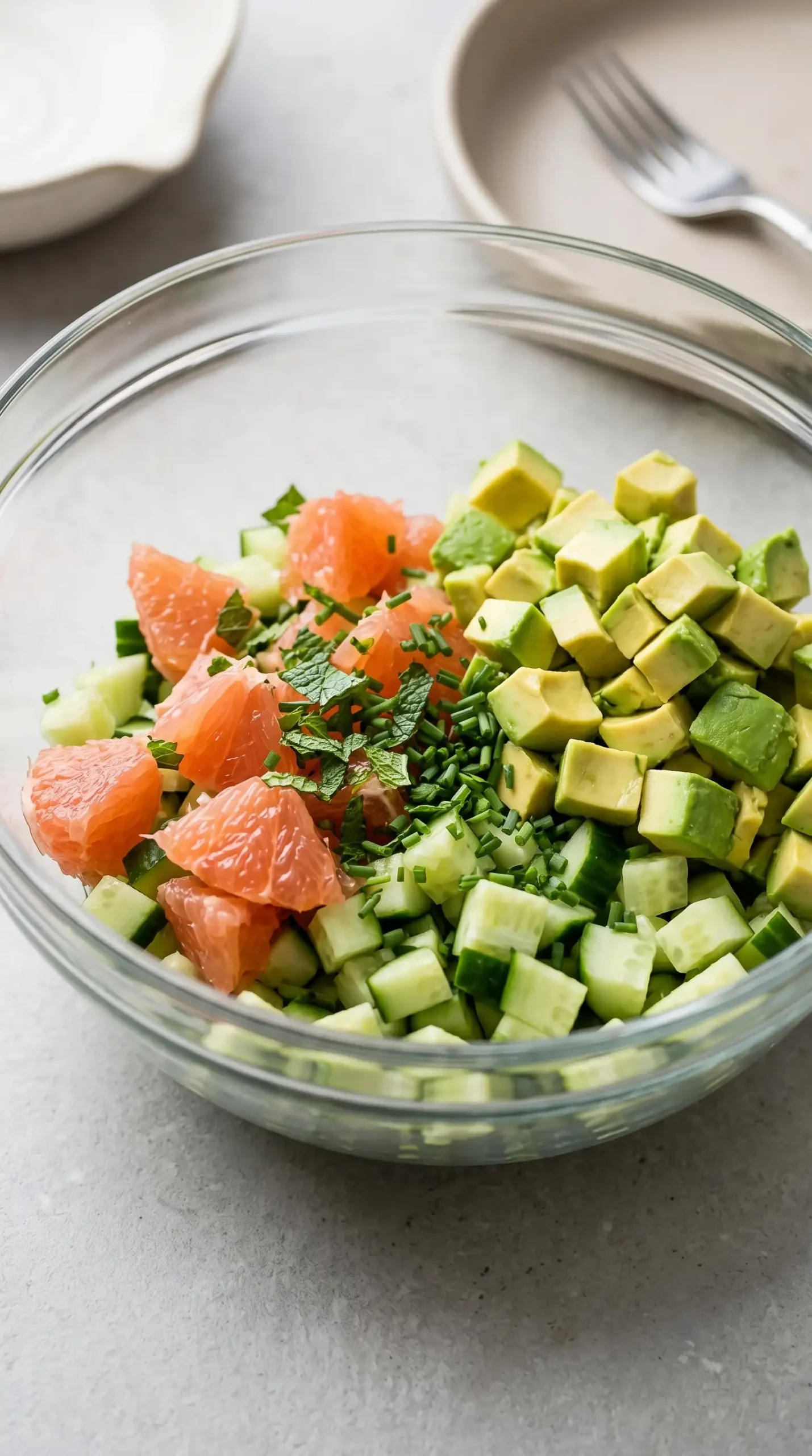 Diced cucumber, grapefruit, avocado, mint, and chives prepared for avocado cucumber salad