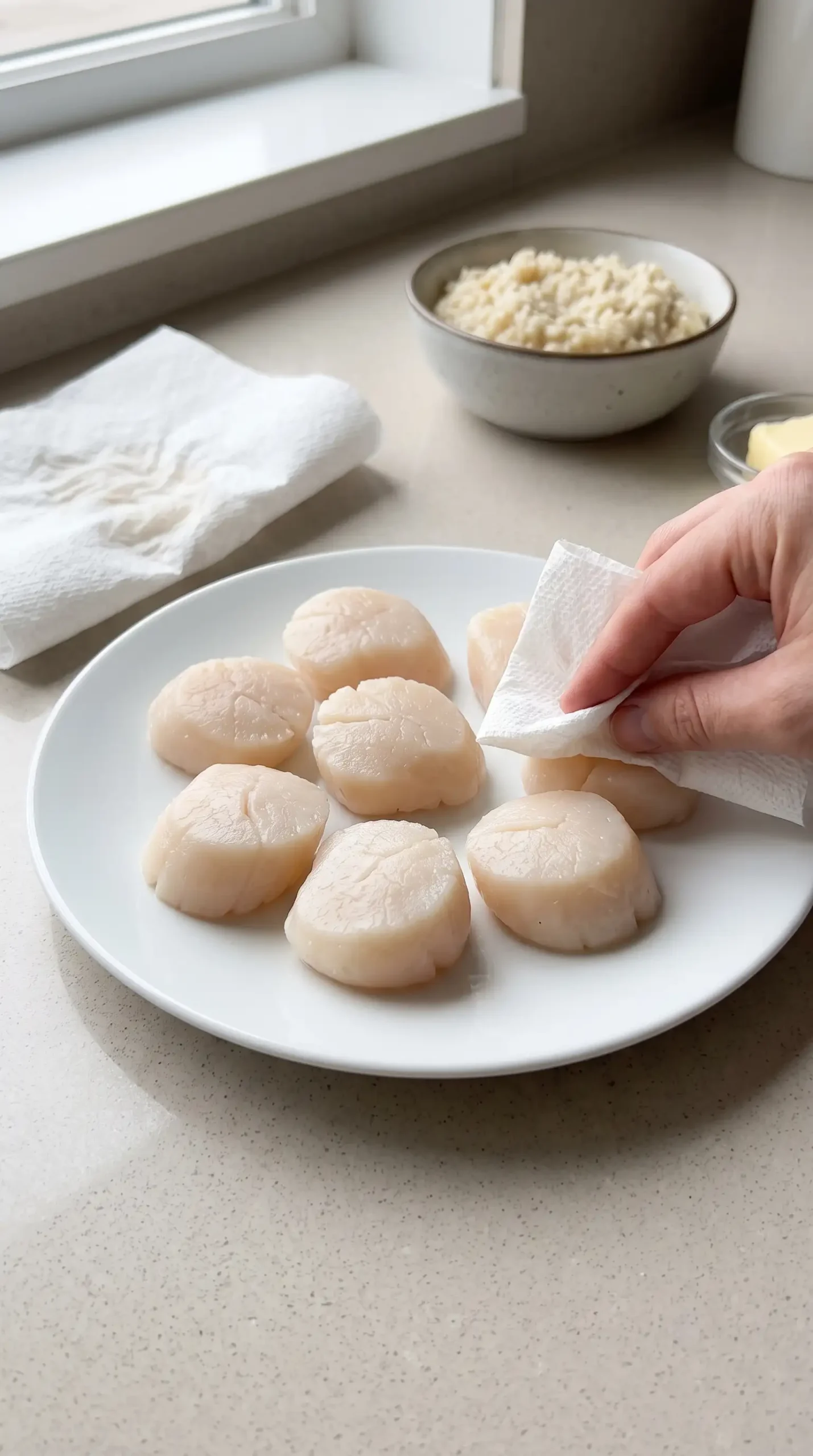 Dry jumbo scallops arranged on a plate before seasoning and searing