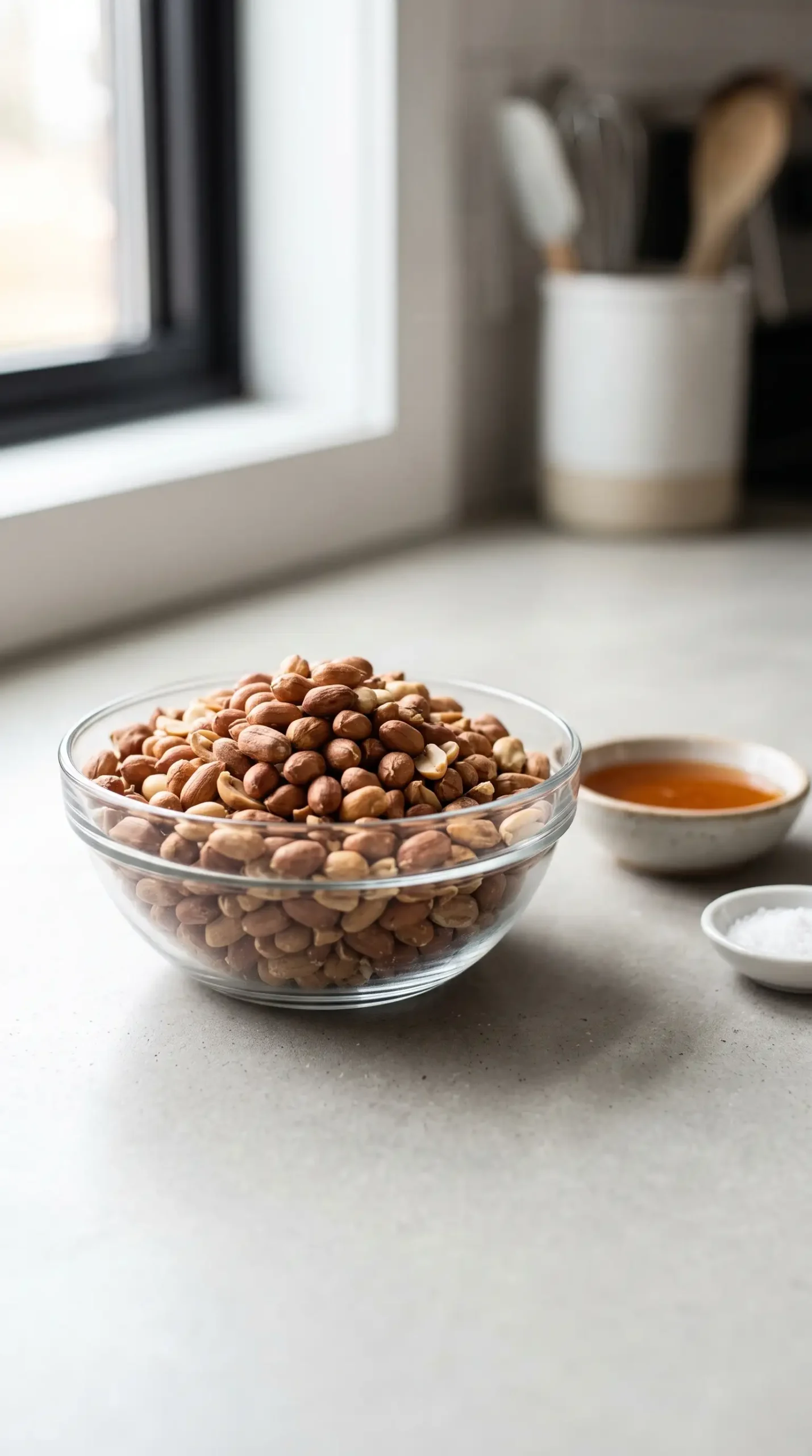Dry roasted peanuts with honey and salt prepared for homemade peanut butter