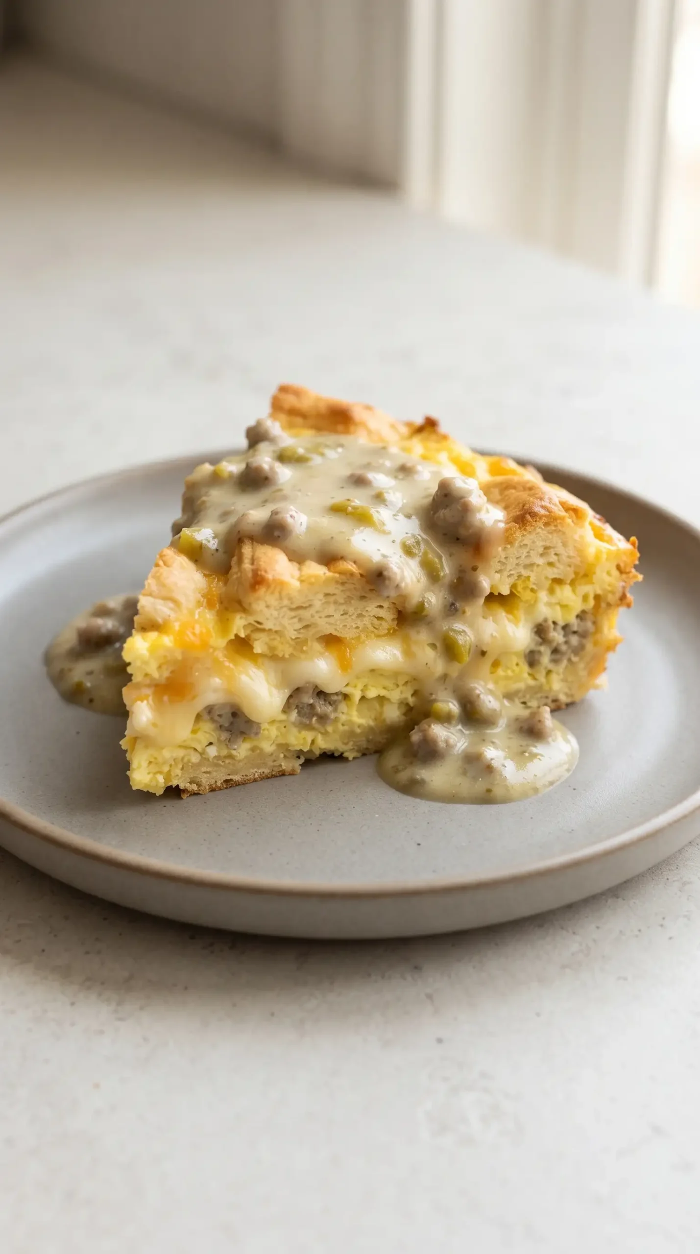 Serving of biscuits and gravy egg bake topped with green chile sausage gravy