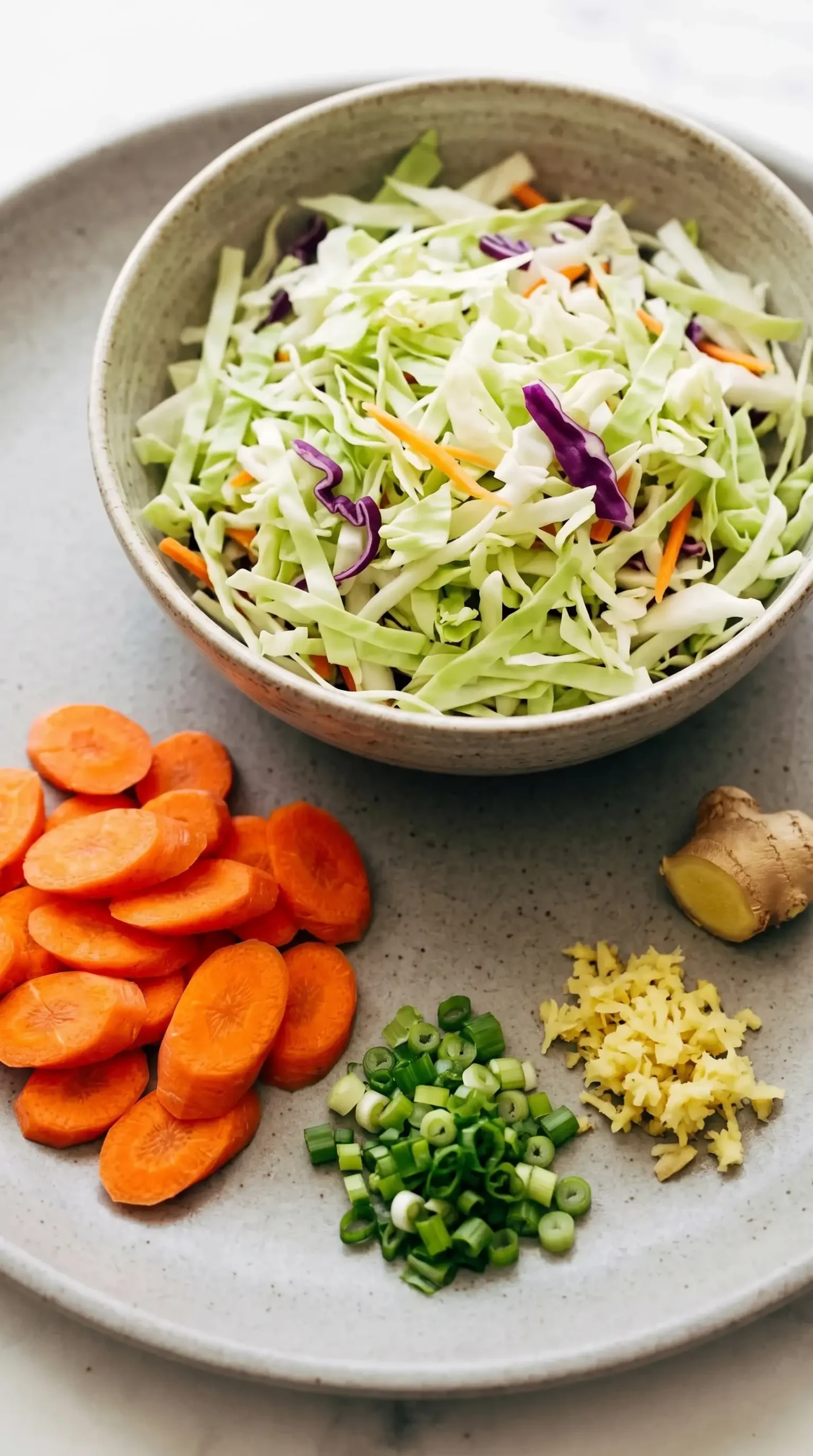 Shredded cabbage, sliced carrots, green onions, and ginger for egg roll bowl