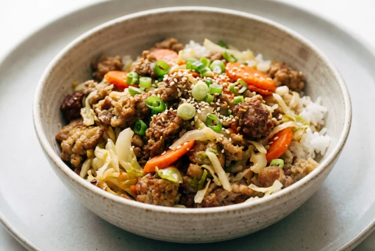 Egg roll in a bowl with pork, cabbage, carrots, rice, and green onions