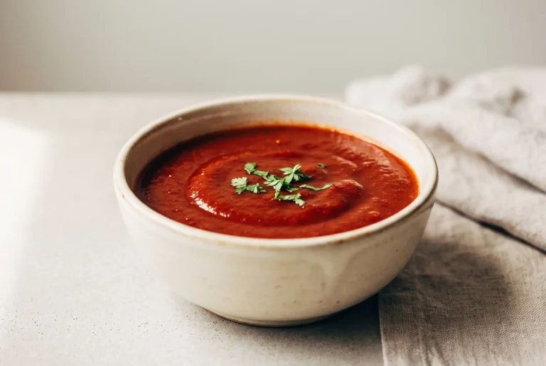 Bowl of smooth homemade enchilada sauce made with blended tomatoes and spices