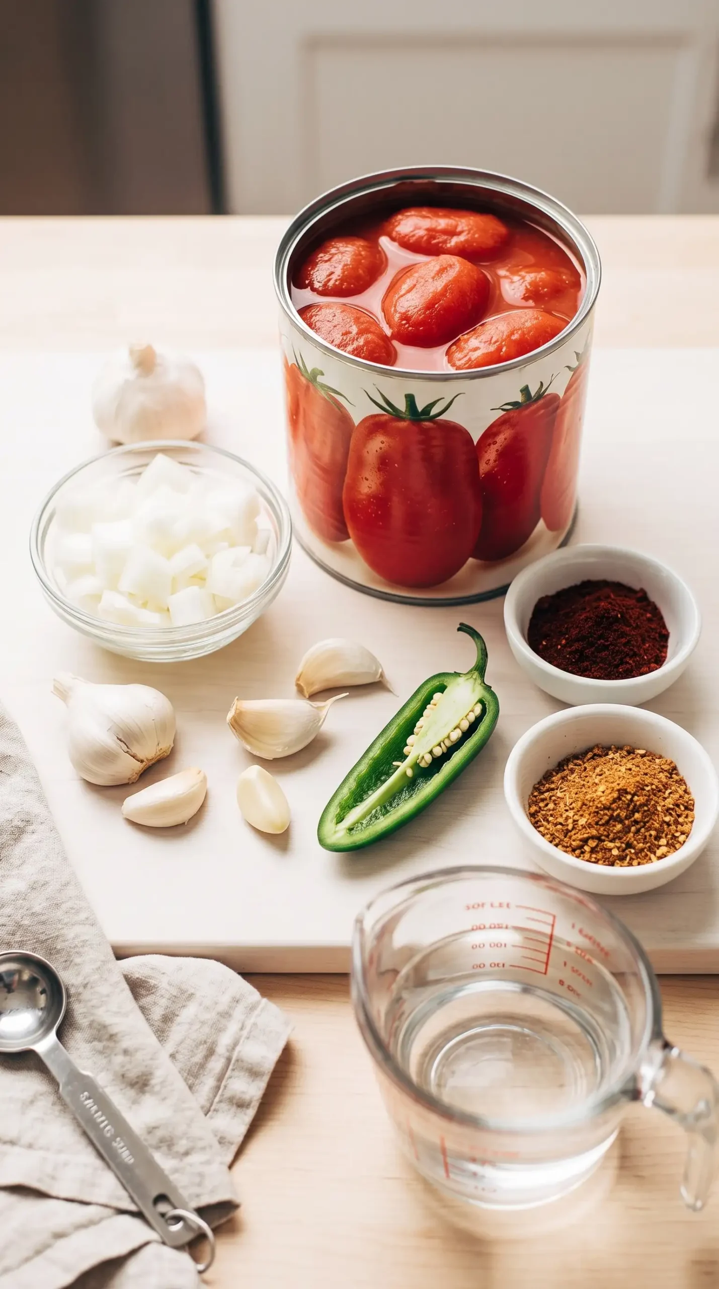 Whole peeled tomatoes, onion, garlic, jalapeno, and spices for enchilada sauce